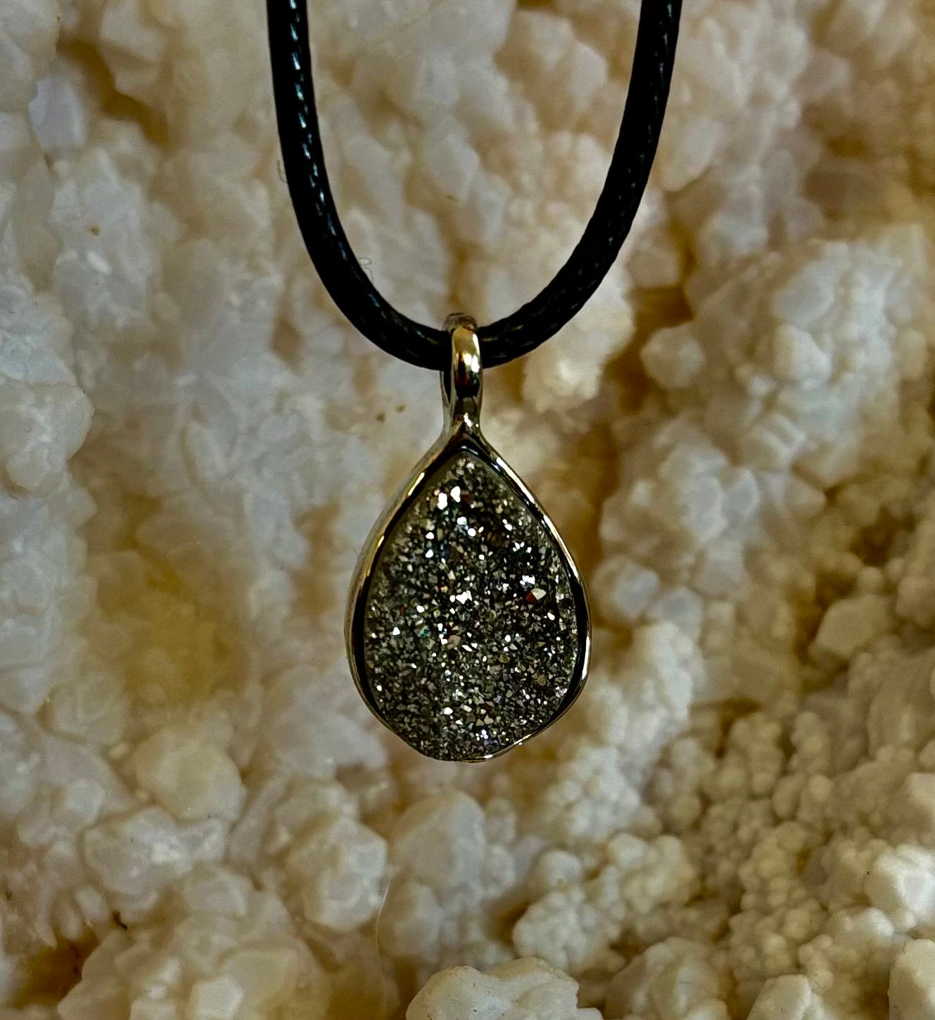 Silver Druzy Teardrop Pendant Necklace | Petite 18mm Pear-Shape Charm on 23” Cord | | Wiccan Center