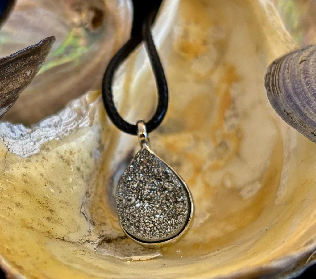 Silver Druzy Teardrop Pendant Necklace | Petite 18mm Pear-Shape Charm on 23” Cord | | Wiccan Center