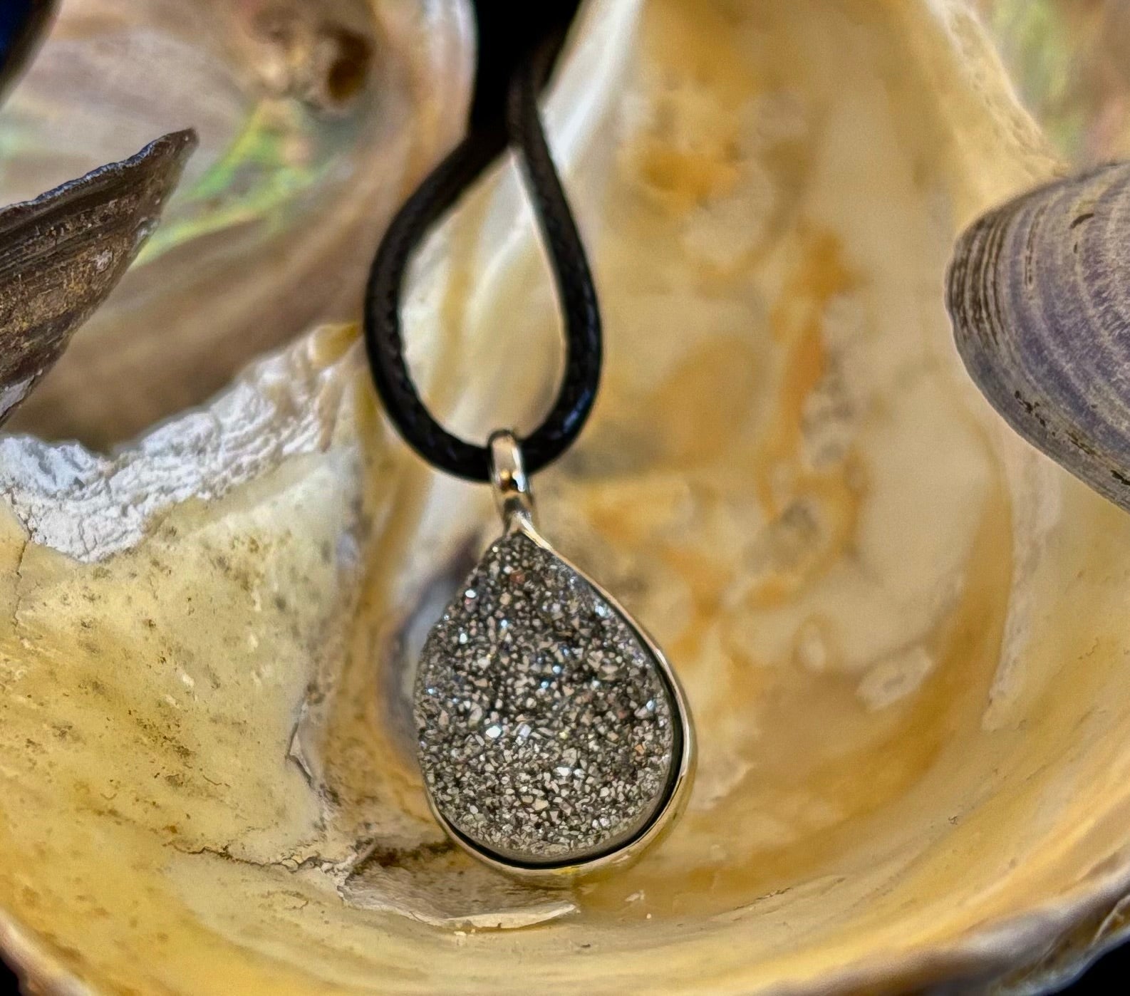 Silver Druzy Teardrop Pendant Necklace | Petite 18mm Pear-Shape Charm on 23” Cord | | Wiccan Center