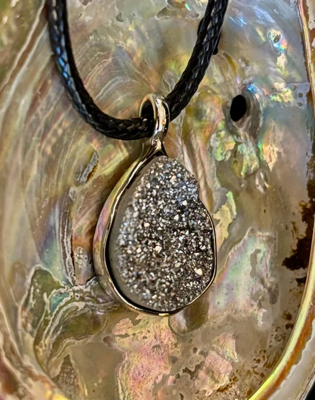 Silver Druzy Teardrop Pendant Necklace | Petite 18mm Pear-Shape Charm on 23” Cord | | Wiccan Center