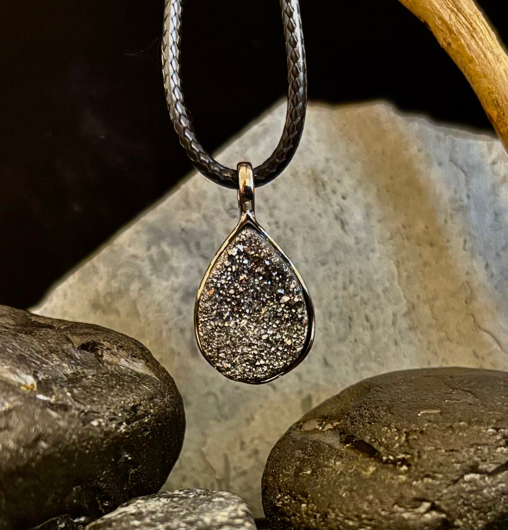 Silver Druzy Teardrop Pendant Necklace | Petite 18mm Pear-Shape Charm on 23” Cord | | Wiccan Center
