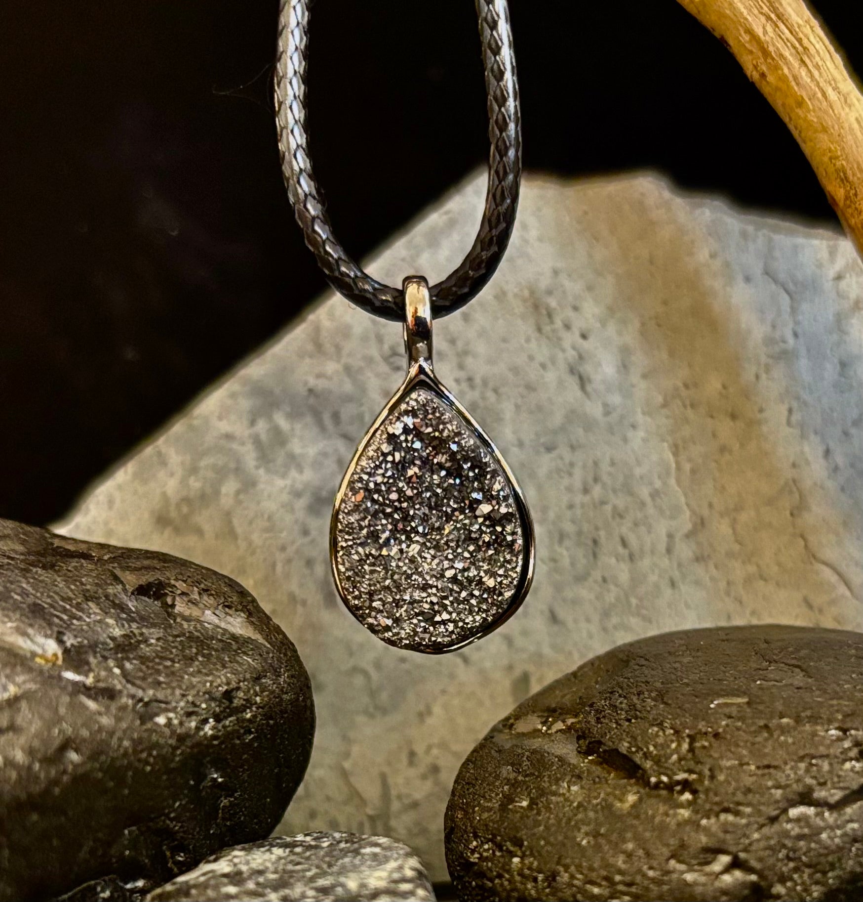 Silver Druzy Teardrop Pendant Necklace | Petite 18mm Pear-Shape Charm on 23” Cord | | Wiccan Center
