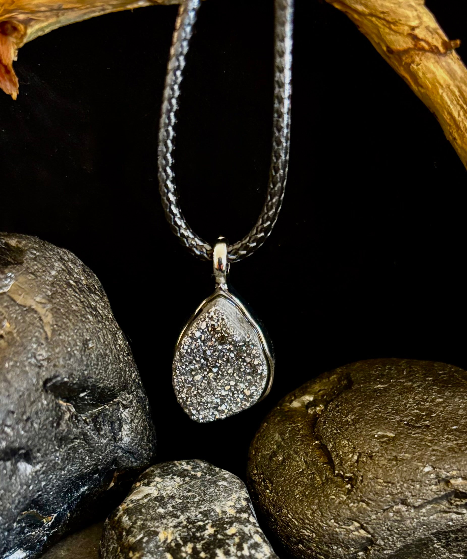 Silver Druzy Teardrop Pendant Necklace | Petite 18mm Pear-Shape Charm on 23” Cord | | Wiccan Center