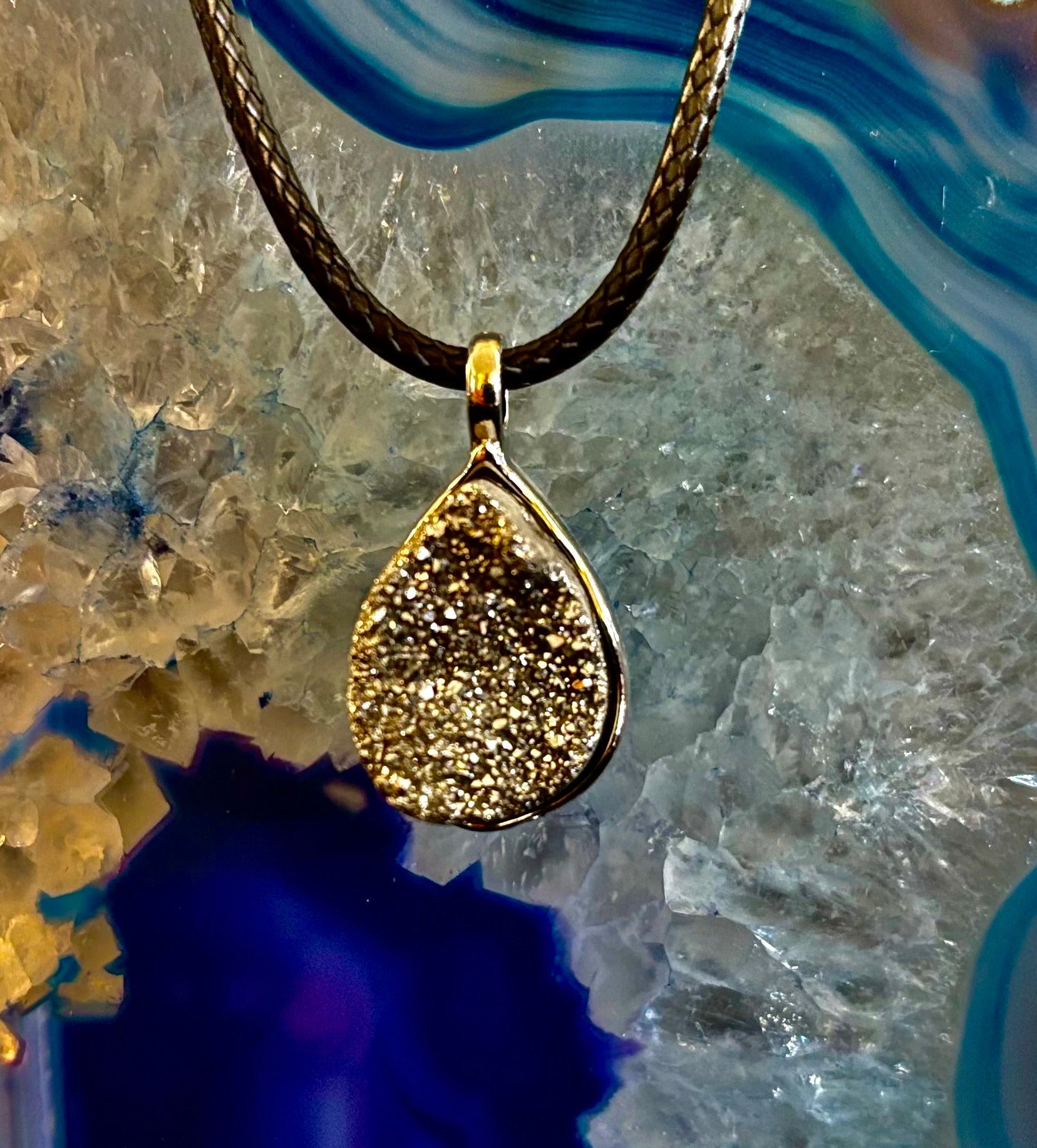 Silver Druzy Teardrop Pendant Necklace | Petite 18mm Pear-Shape Charm on 23” Cord | | Wiccan Center