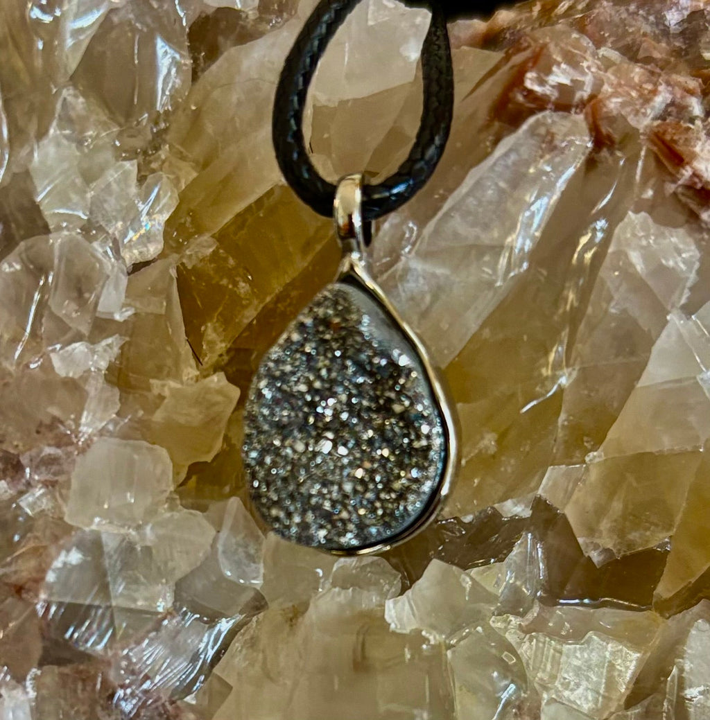 Silver Druzy Teardrop Pendant Necklace | Petite 18mm Pear-Shape Charm on 23” Cord | | Wiccan Center