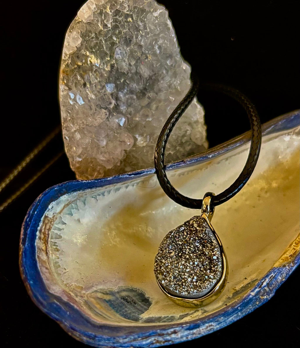 Silver Druzy Teardrop Pendant Necklace | Petite 18mm Pear-Shape Charm on 23” Cord | | Wiccan Center