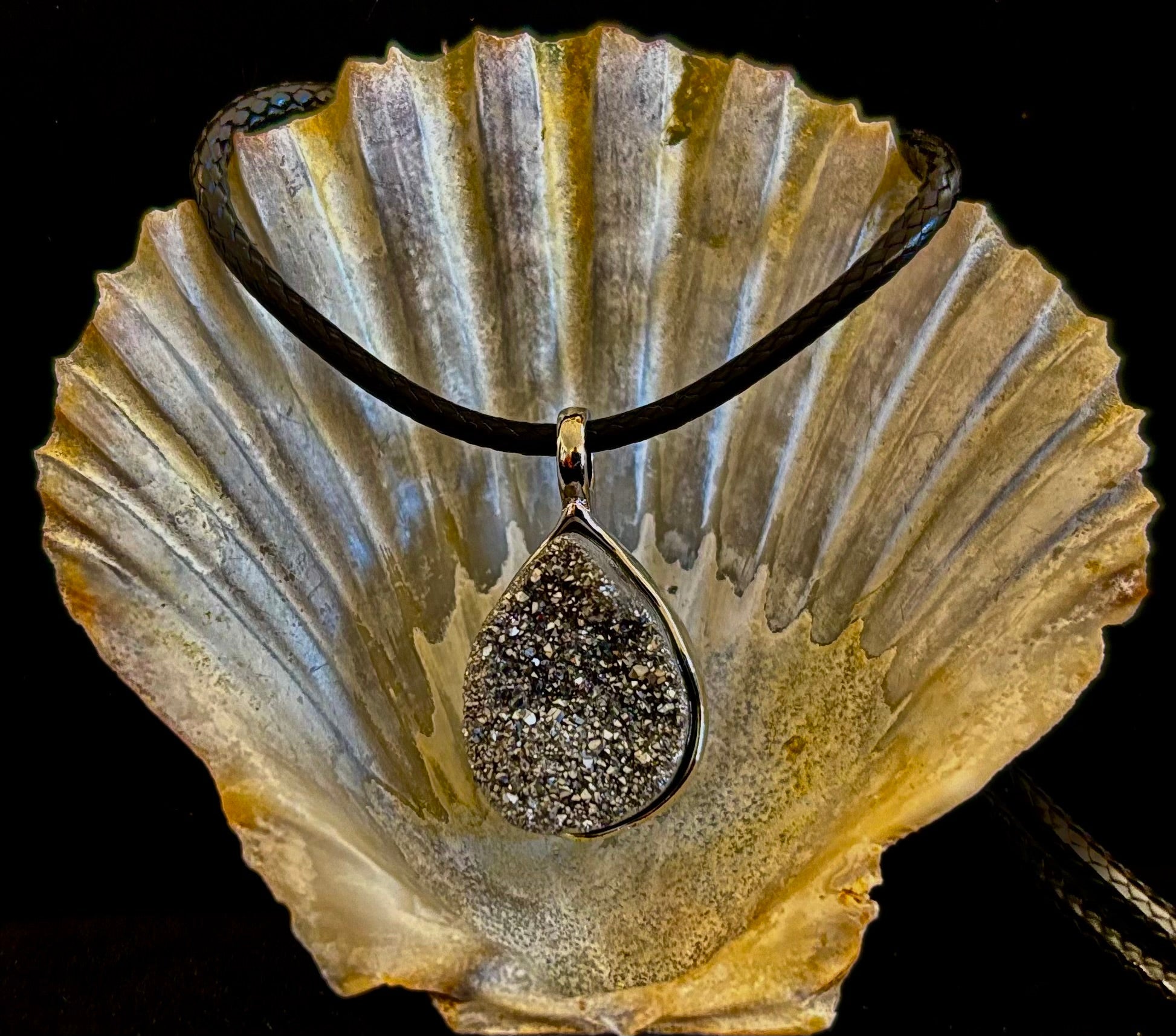 Silver Druzy Teardrop Pendant Necklace | Petite 18mm Pear-Shape Charm on 23” Cord | | Wiccan Center