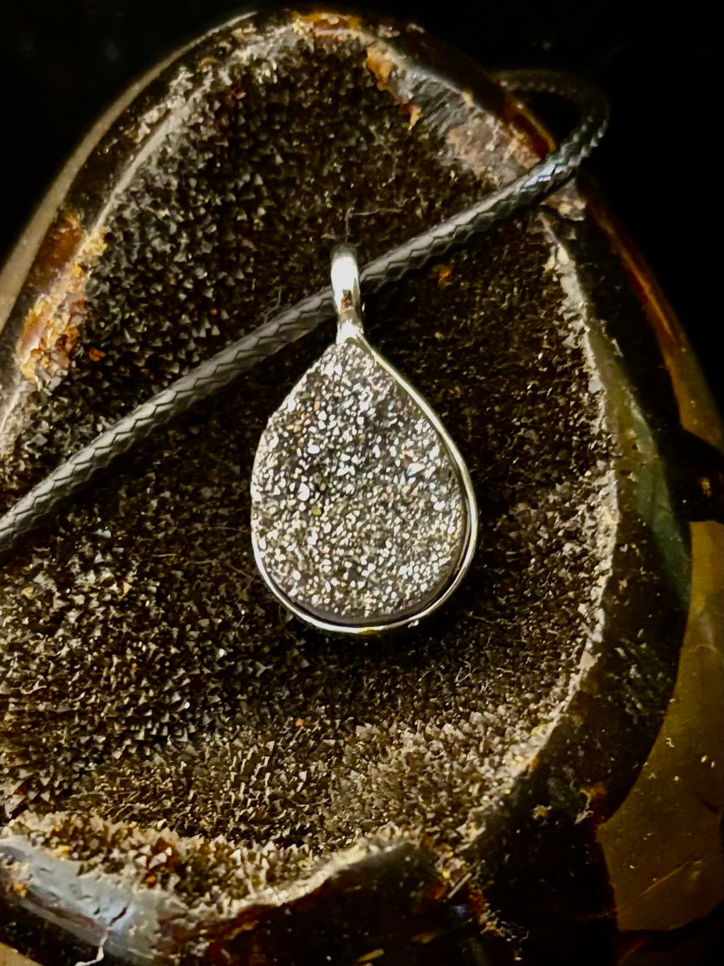 Silver Druzy Teardrop Pendant Necklace | Petite 18mm Pear-Shape Charm on 23” Cord | | Wiccan Center