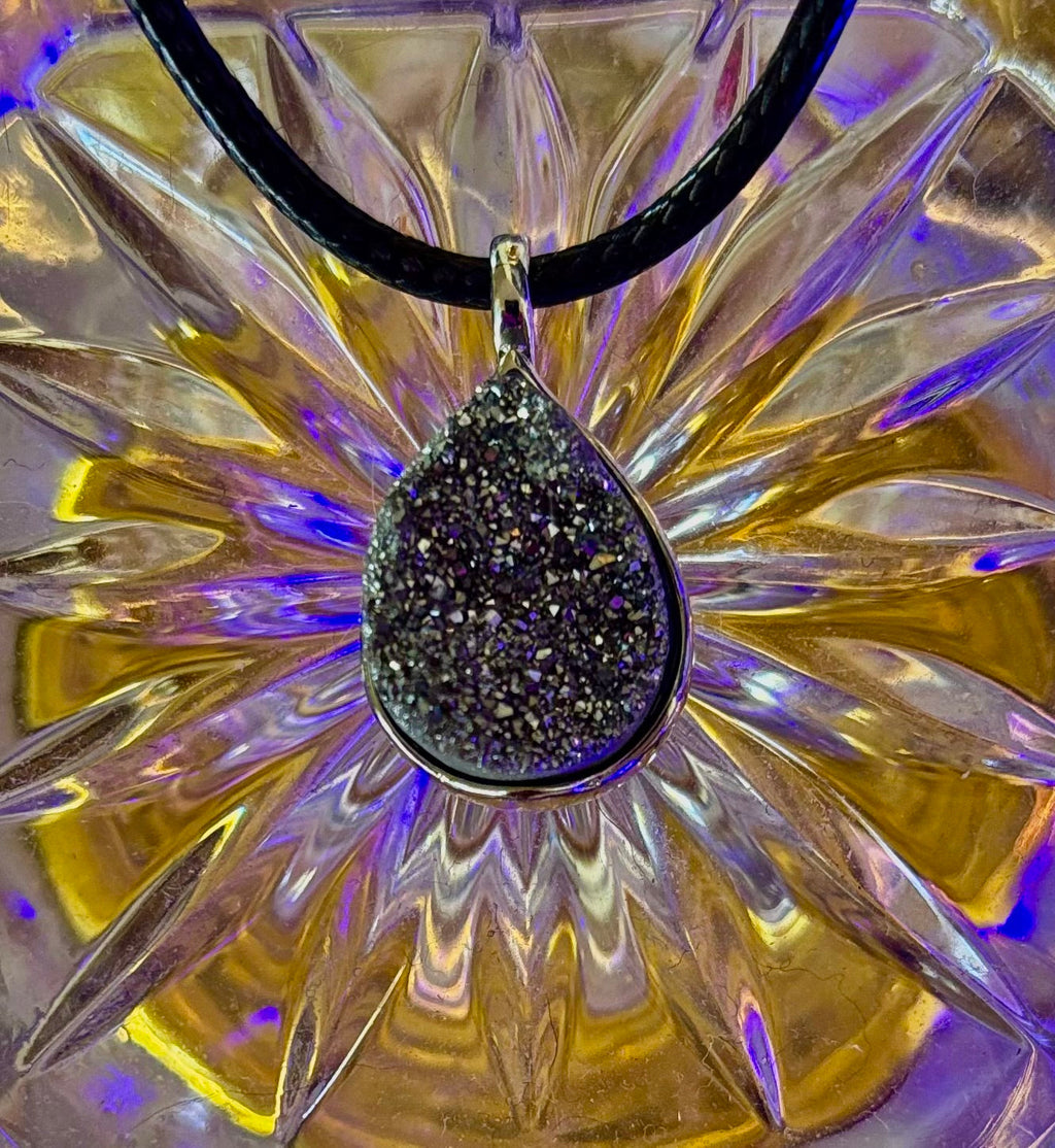 Silver Druzy Teardrop Pendant Necklace | Petite 18mm Pear-Shape Charm on 23” Cord | | Wiccan Center