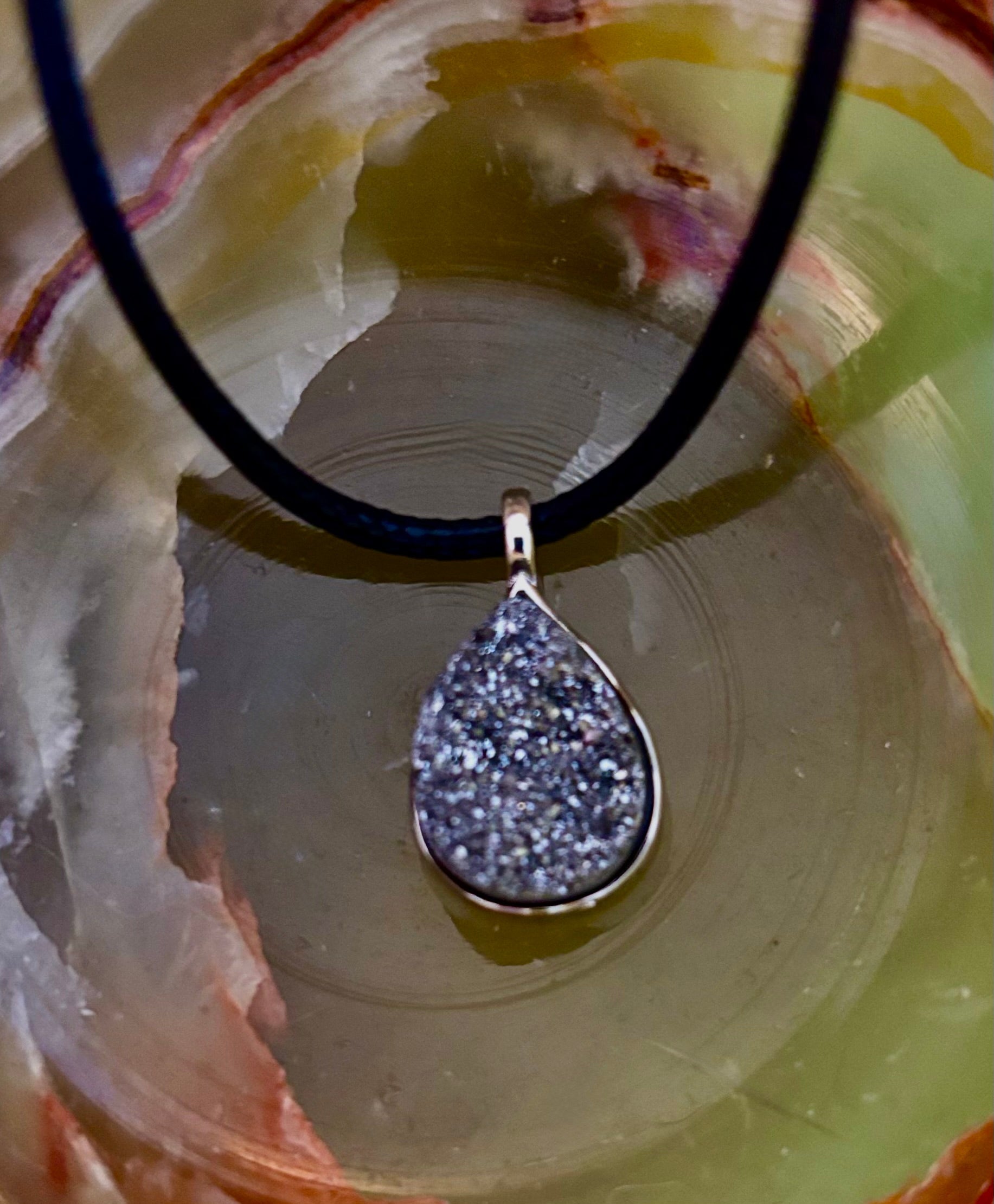 Silver Druzy Teardrop Pendant Necklace | Petite 18mm Pear-Shape Charm on 23” Cord | | Wiccan Center