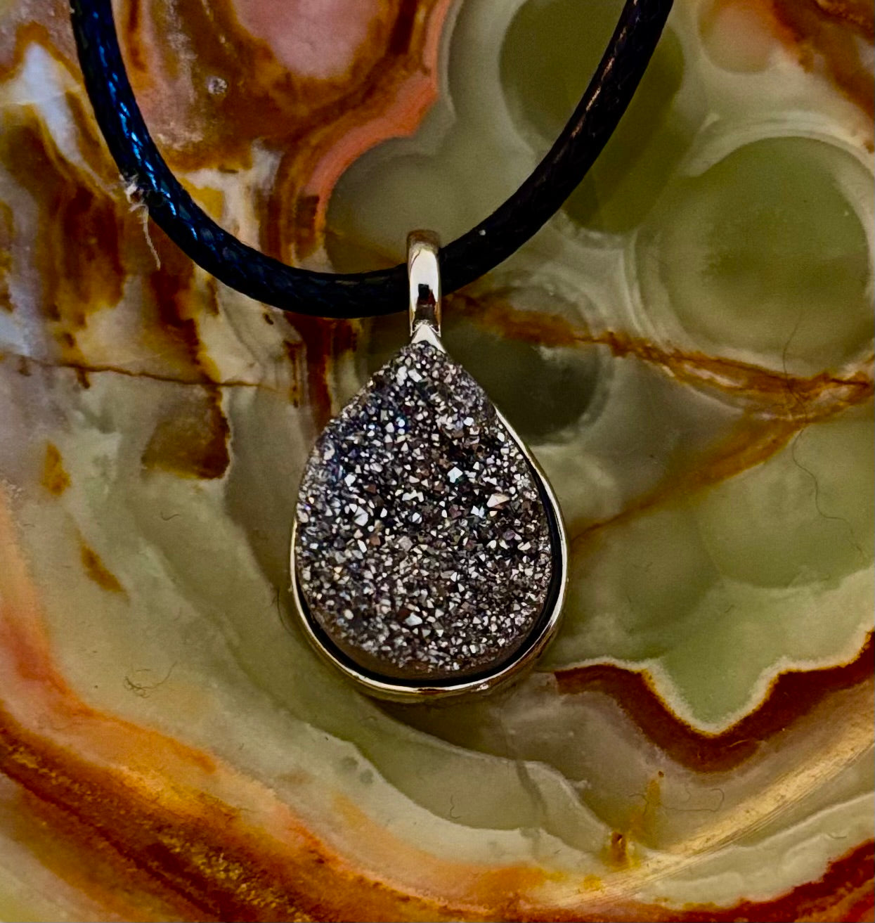 Silver Druzy Teardrop Pendant Necklace | Petite 18mm Pear-Shape Charm on 23” Cord | | Wiccan Center