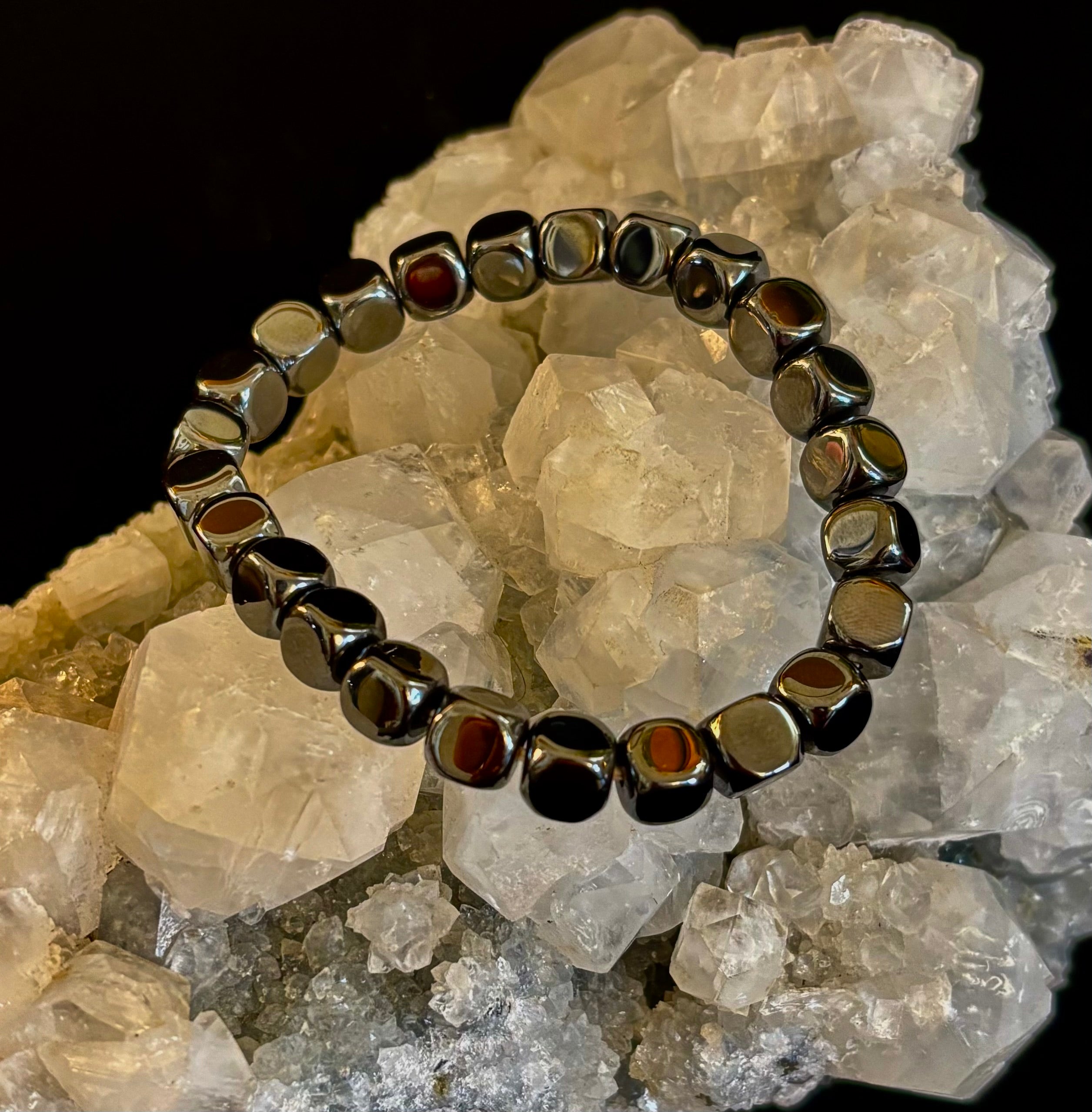Hematite Cube Beaded Bracelet | Grounding Energy & Balance | Unisex 7.8mm Stretch Fit | | Wiccan Center