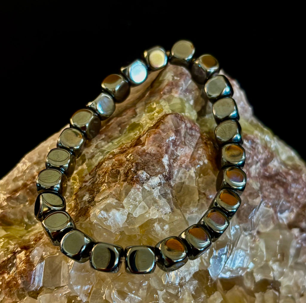 Hematite Cube Beaded Bracelet | Grounding Energy & Balance | Unisex 7.8mm Stretch Fit | | Wiccan Center