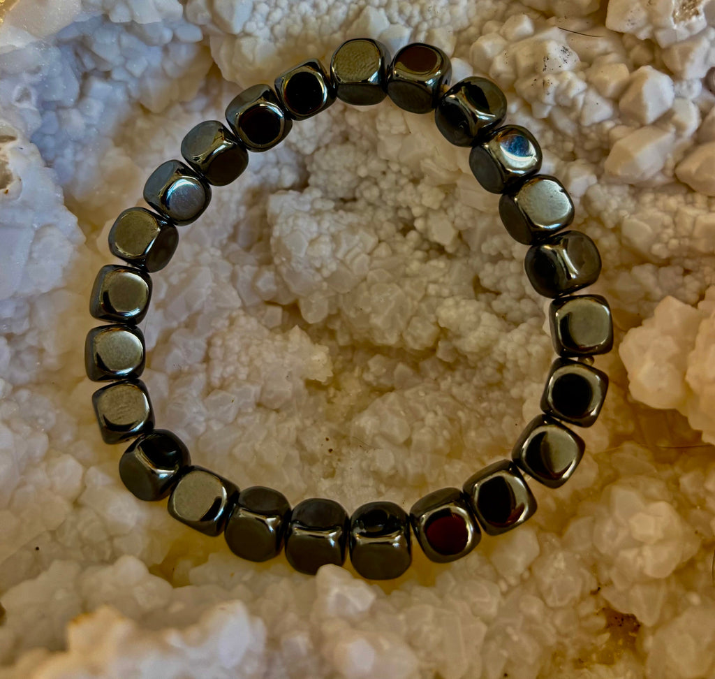 Hematite Cube Beaded Bracelet | Grounding Energy & Balance | Unisex 7.8mm Stretch Fit | | Wiccan Center