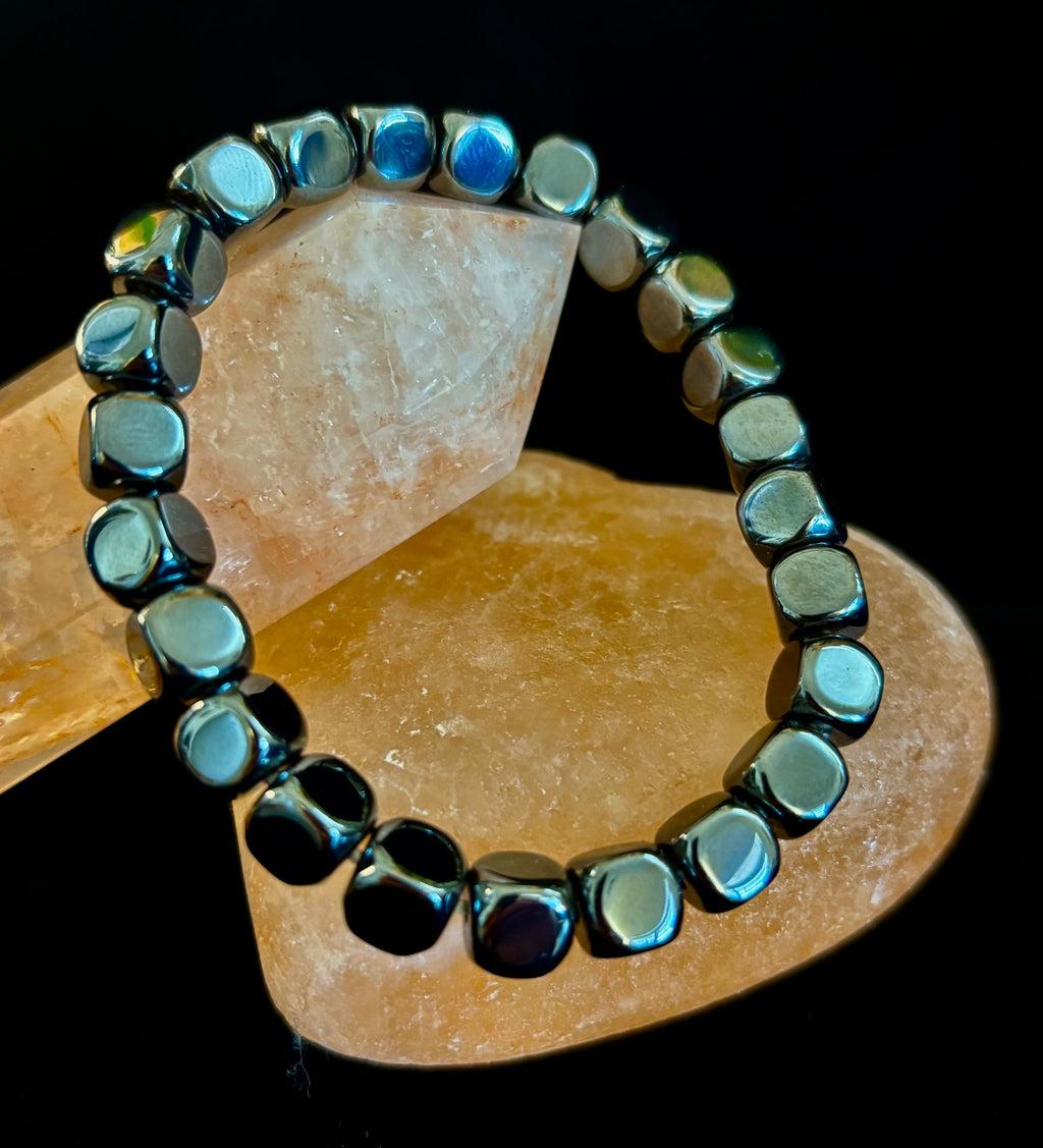 Hematite Cube Beaded Bracelet | Grounding Energy & Balance | Unisex 7.8mm Stretch Fit | | Wiccan Center