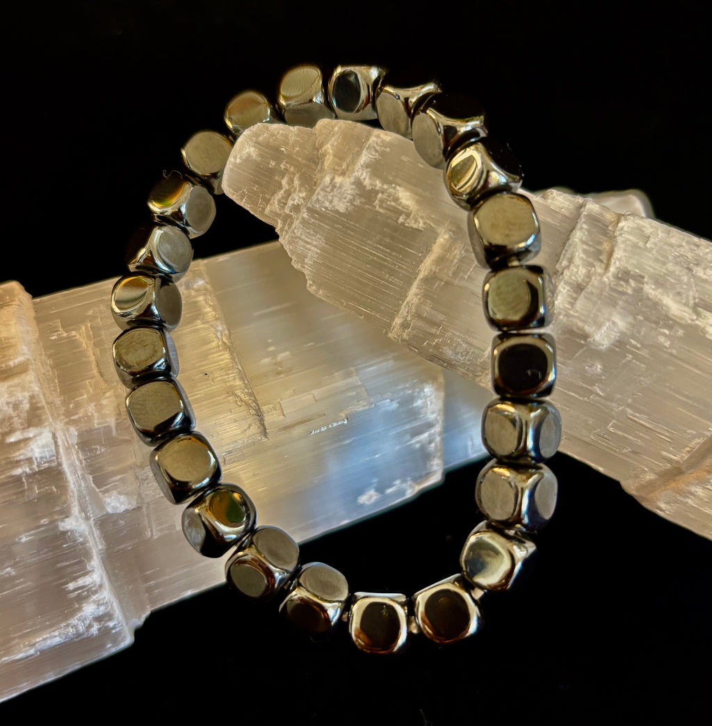 Hematite Cube Beaded Bracelet | Grounding Energy & Balance | Unisex 7.8mm Stretch Fit | | Wiccan Center