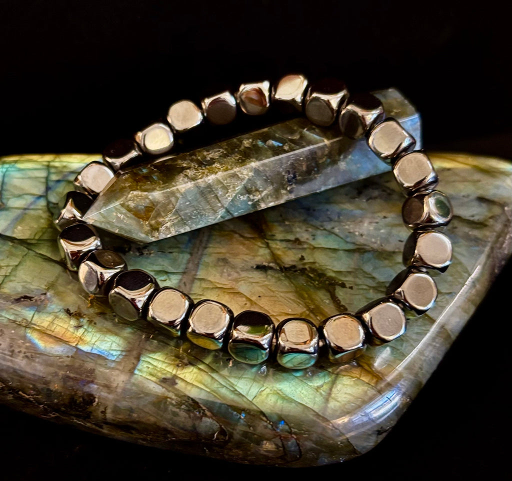 Hematite Cube Beaded Bracelet | Grounding Energy & Balance | Unisex 7.8mm Stretch Fit | | Wiccan Center