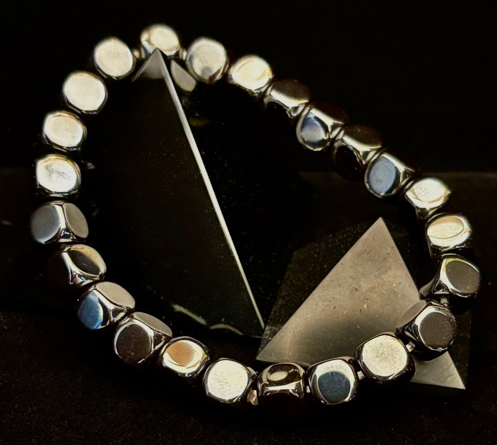 Hematite Cube Beaded Bracelet | Grounding Energy & Balance | Unisex 7.8mm Stretch Fit | | Wiccan Center