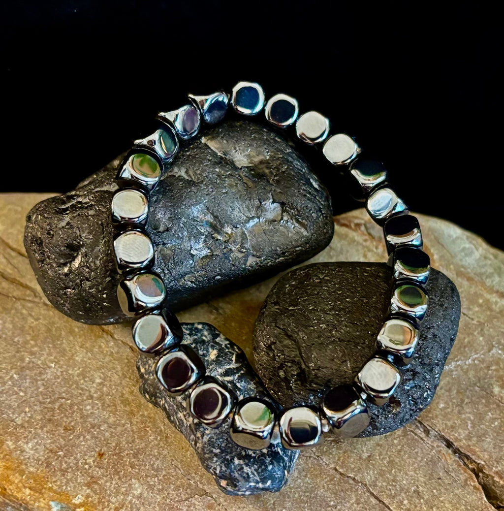 Hematite Cube Beaded Bracelet | Grounding Energy & Balance | Unisex 7.8mm Stretch Fit | | Wiccan Center