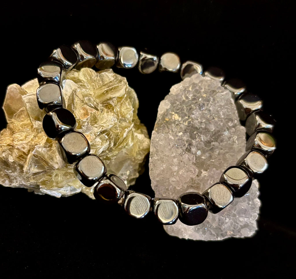 Hematite Cube Beaded Bracelet | Grounding Energy & Balance | Unisex 7.8mm Stretch Fit | | Wiccan Center