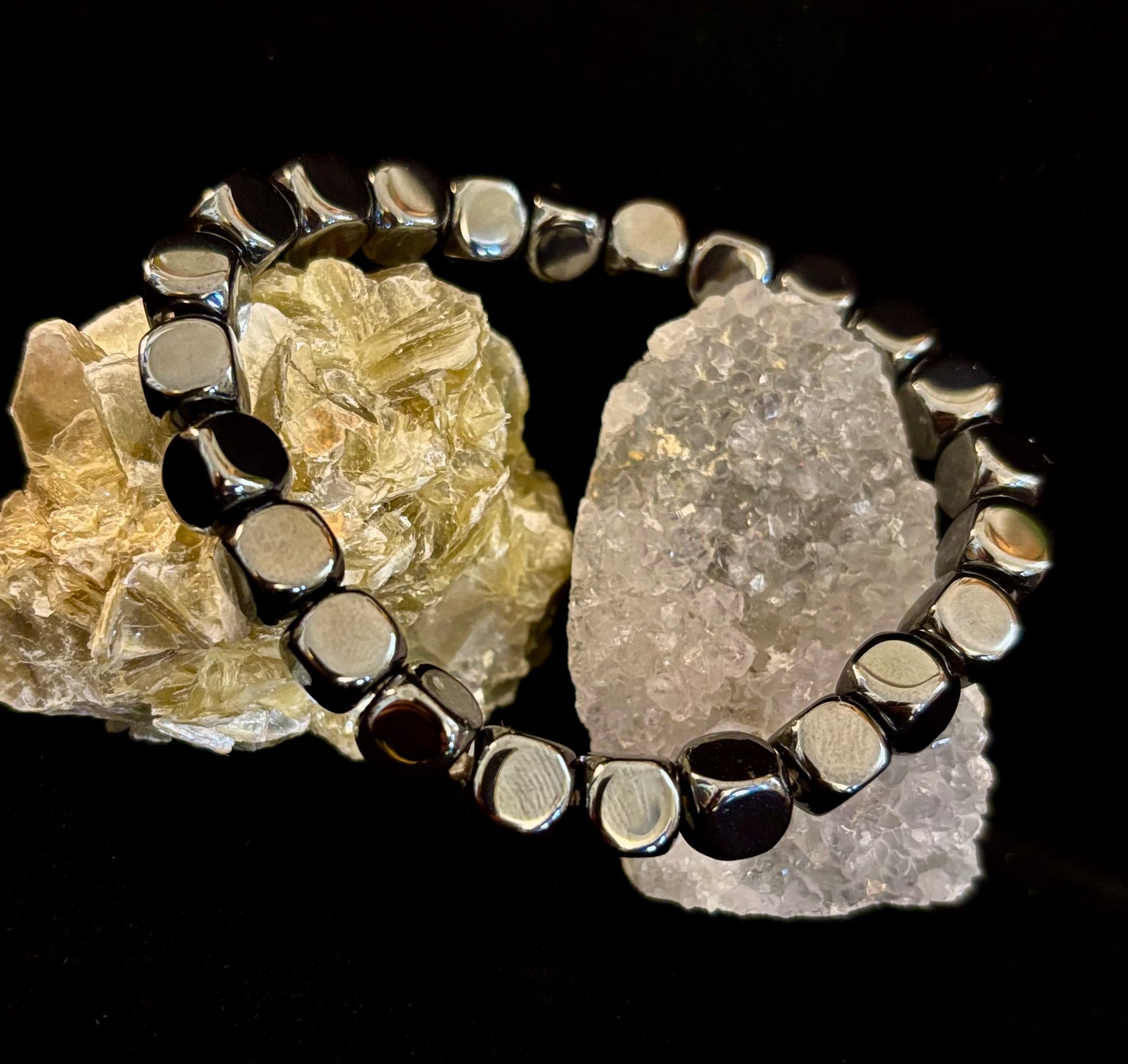 Hematite Cube Beaded Bracelet | Grounding Energy & Balance | Unisex 7.8mm Stretch Fit | | Wiccan Center