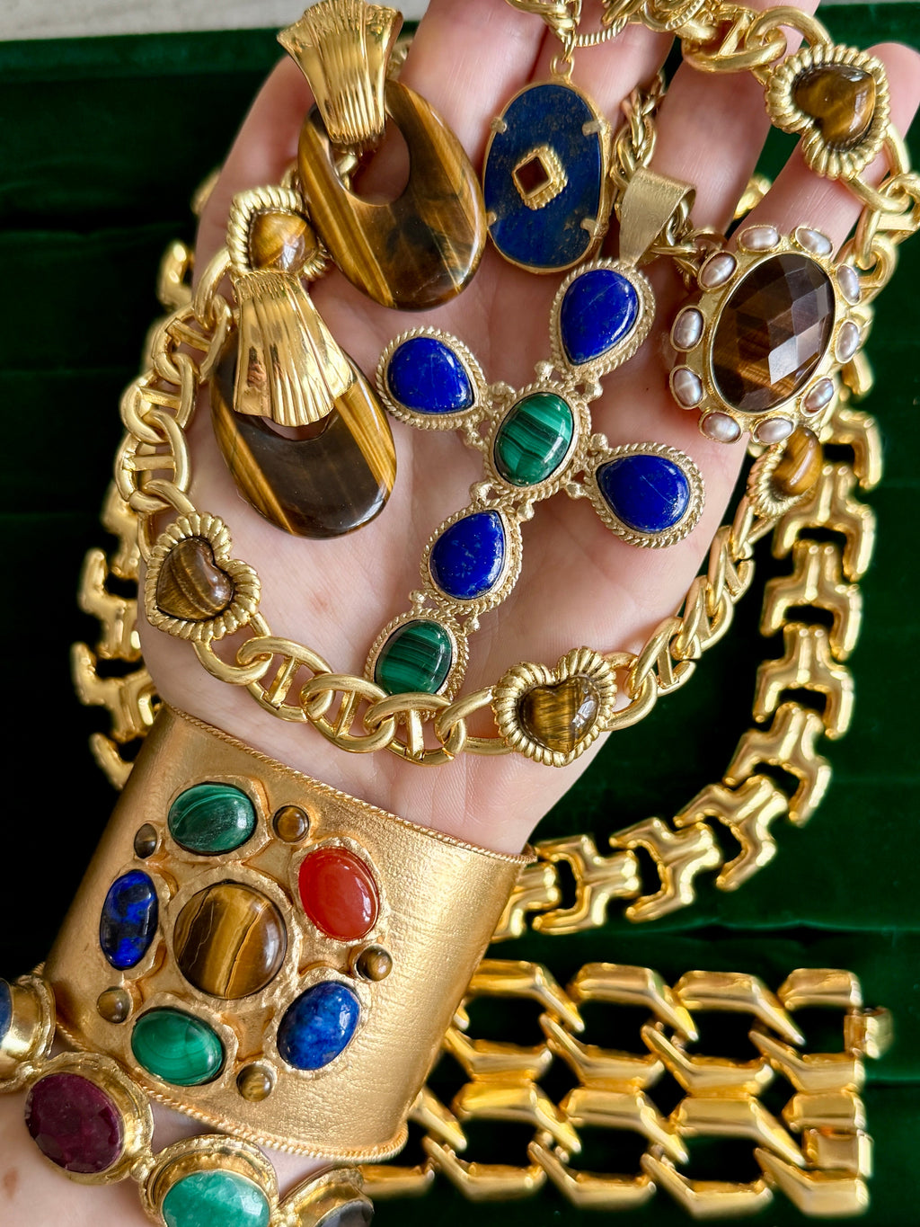 French Tiger's Eye Malachite Gold Cuff Pre Order