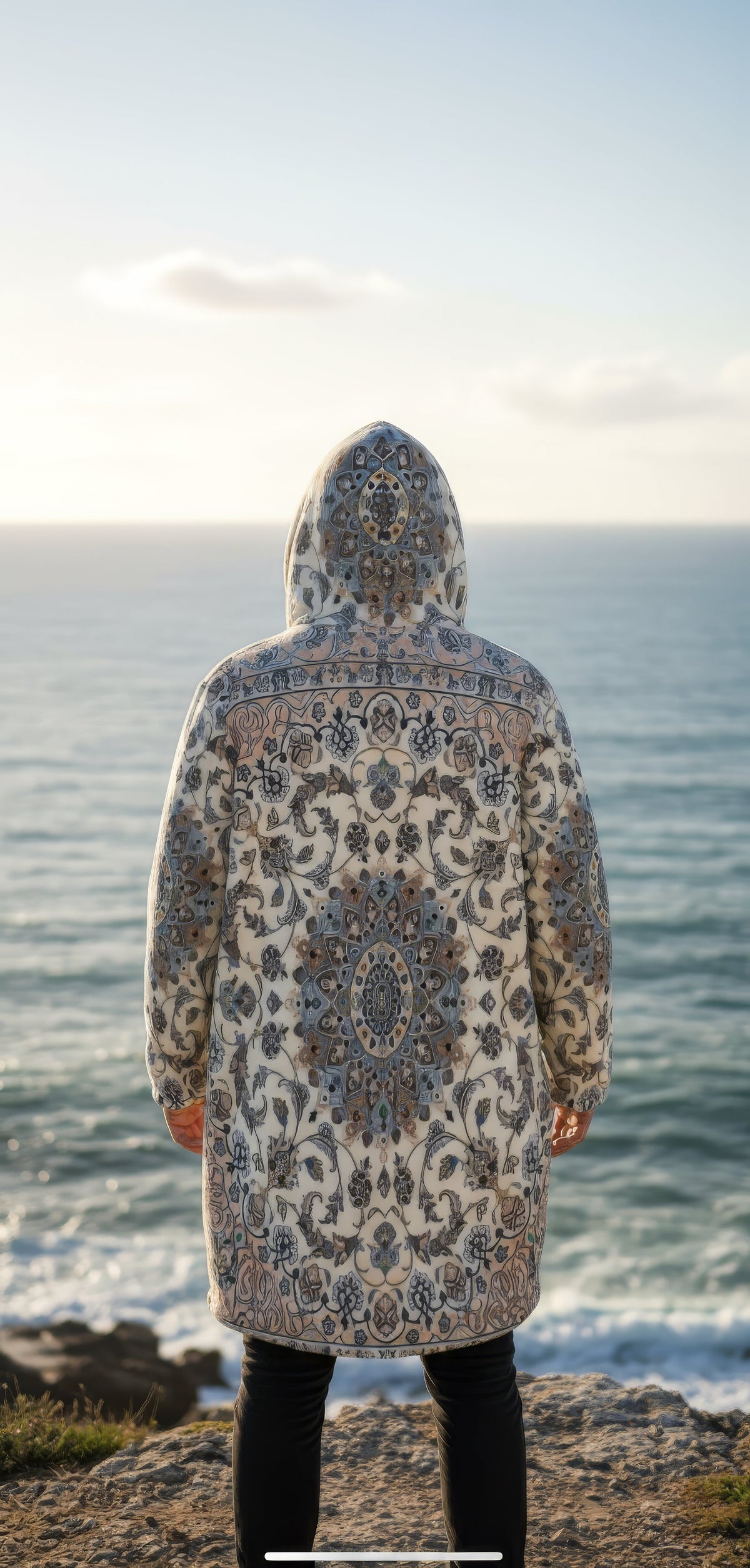 Classic Persian Carpet Cuddle Coat | Nain, Cream and Soft Blue | Unisex Minky Sherpa Lined Coat with Hood, Zipper and Pockets | Women and Mens Festival Coat | Mountain Fashion | Zipper Cloak - AOP | Wiccan Center