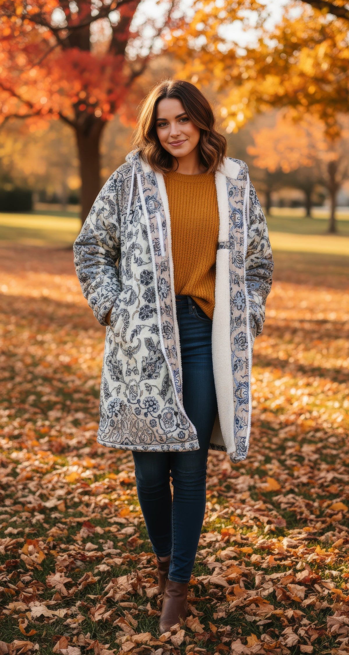 Classic Persian Carpet Cuddle Coat | Nain, Cream and Soft Blue | Unisex Minky Sherpa Lined Coat with Hood, Zipper and Pockets | Women and Mens Festival Coat | Mountain Fashion | Zipper Cloak - AOP | Wiccan Center
