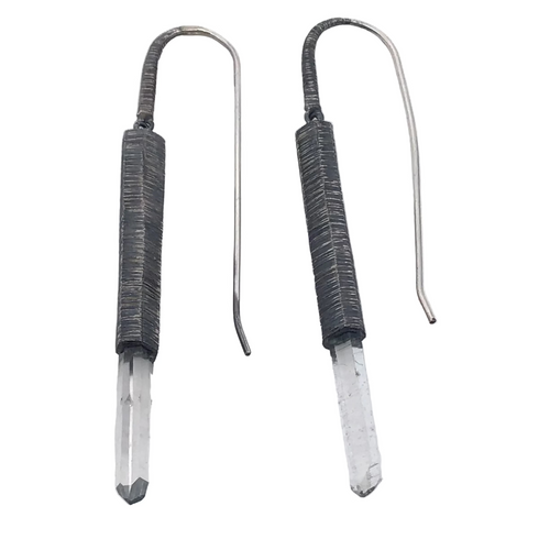 A+ Quality Quartz Point Earrings Bezel Set In Lantern Oxidized 925 Sterling Silver Column on Extra Long French Wires 2.75" | Gemstone Jewelry > Earrings | Wiccan Center