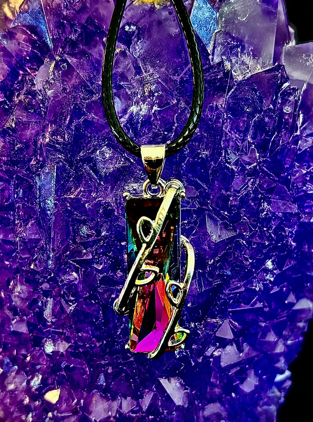 Prismatic Energy Pendant Necklace | Colorful Crystal Branch Design on Leather Cord | | Wiccan Center