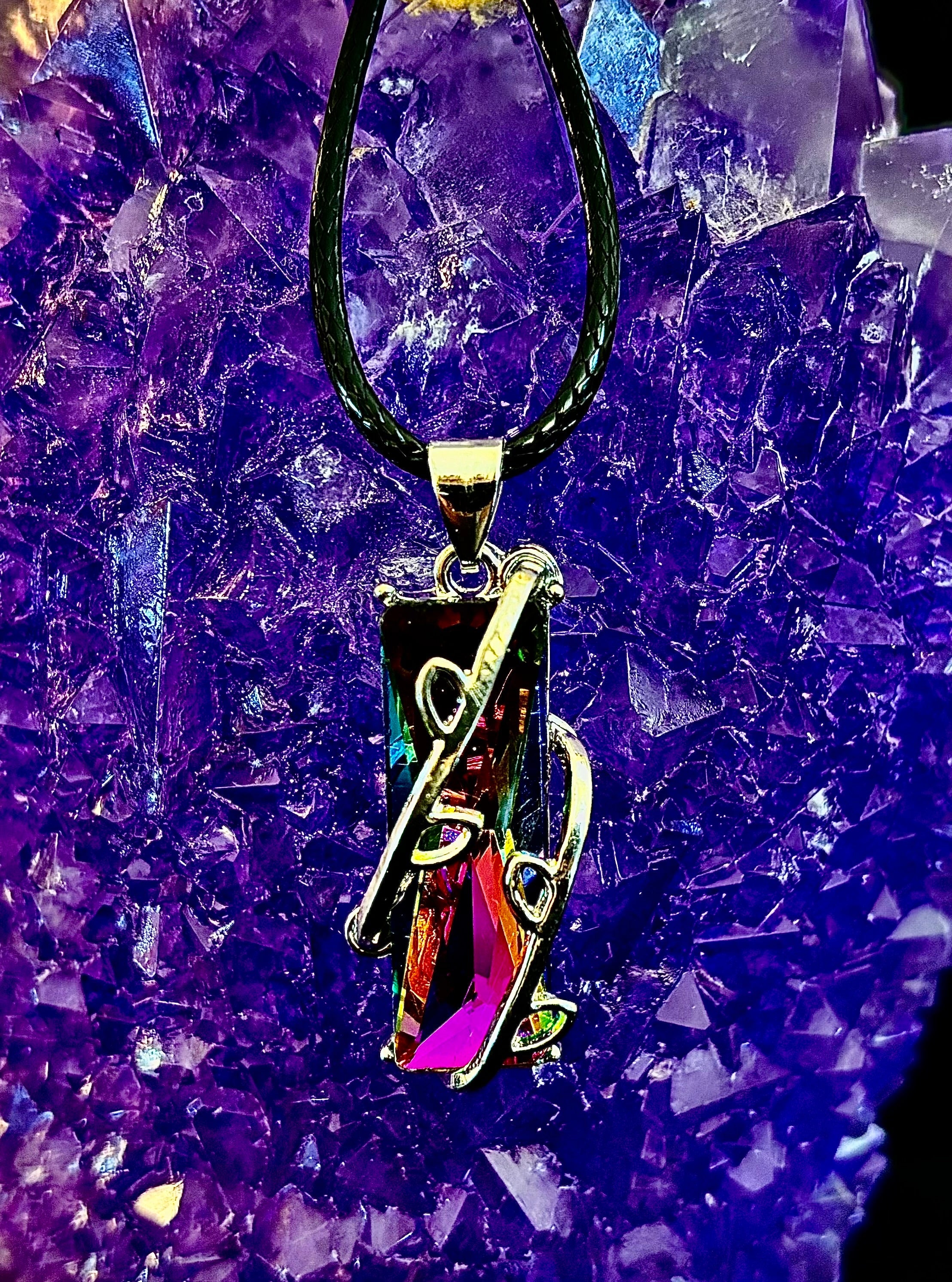 Prismatic Energy Pendant Necklace | Colorful Crystal Branch Design on Leather Cord | | Wiccan Center