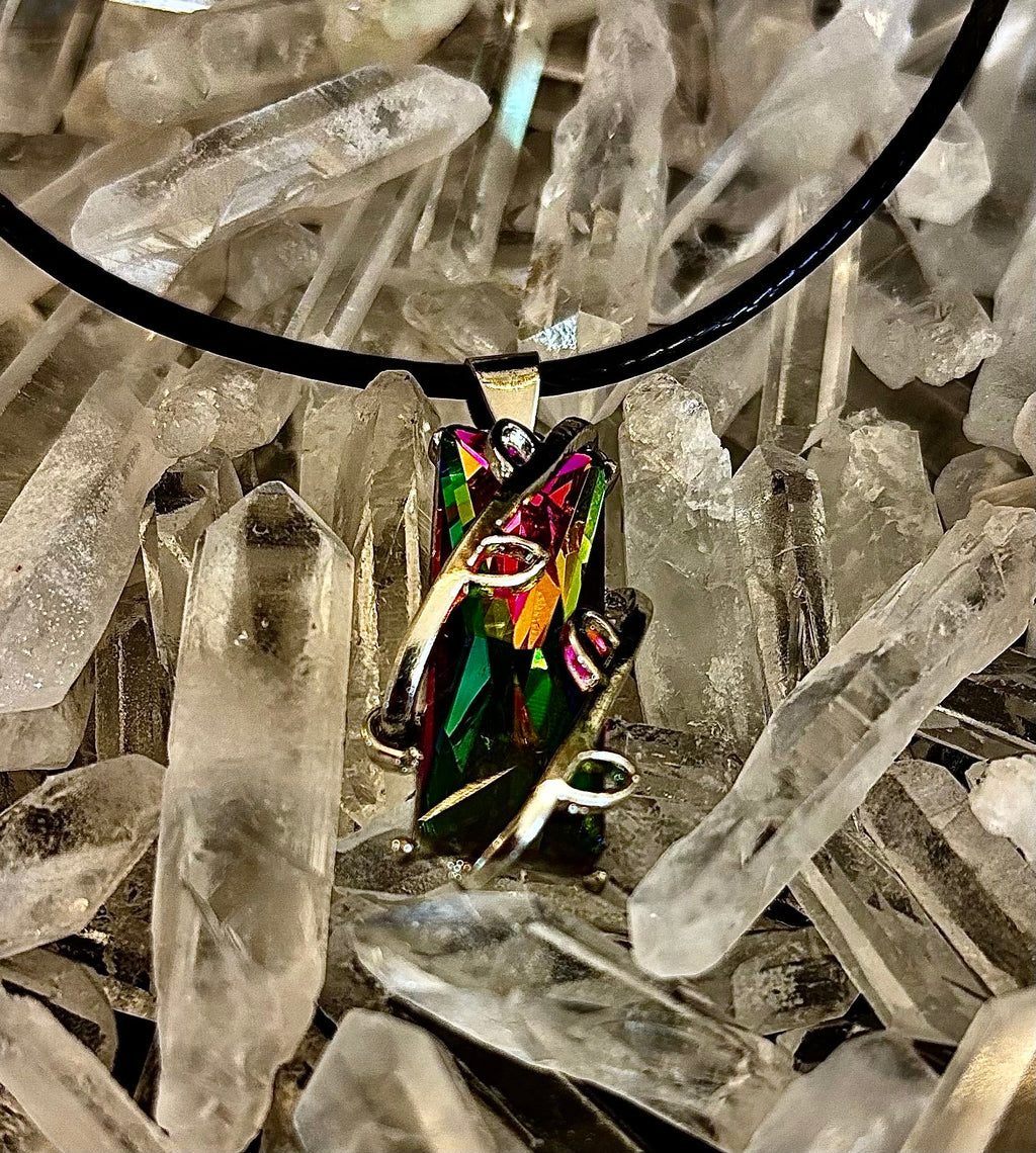 Prismatic Energy Pendant Necklace | Colorful Crystal Branch Design on Leather Cord | | Wiccan Center