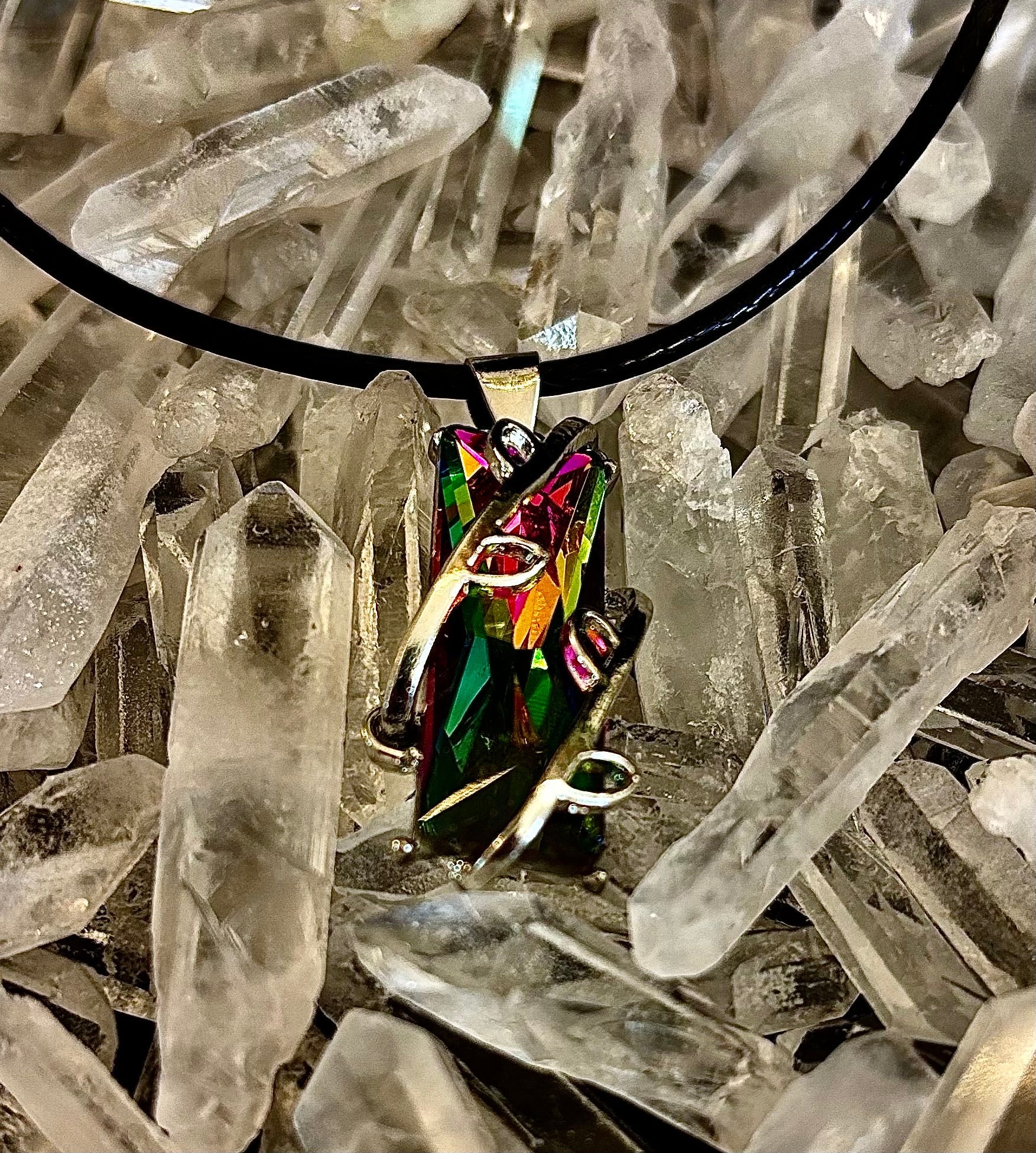 Prismatic Energy Pendant Necklace | Colorful Crystal Branch Design on Leather Cord | | Wiccan Center