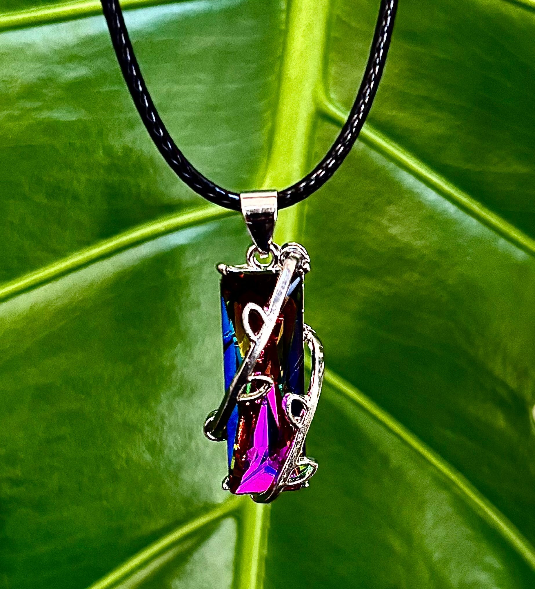 Prismatic Energy Pendant Necklace | Colorful Crystal Branch Design on Leather Cord | | Wiccan Center