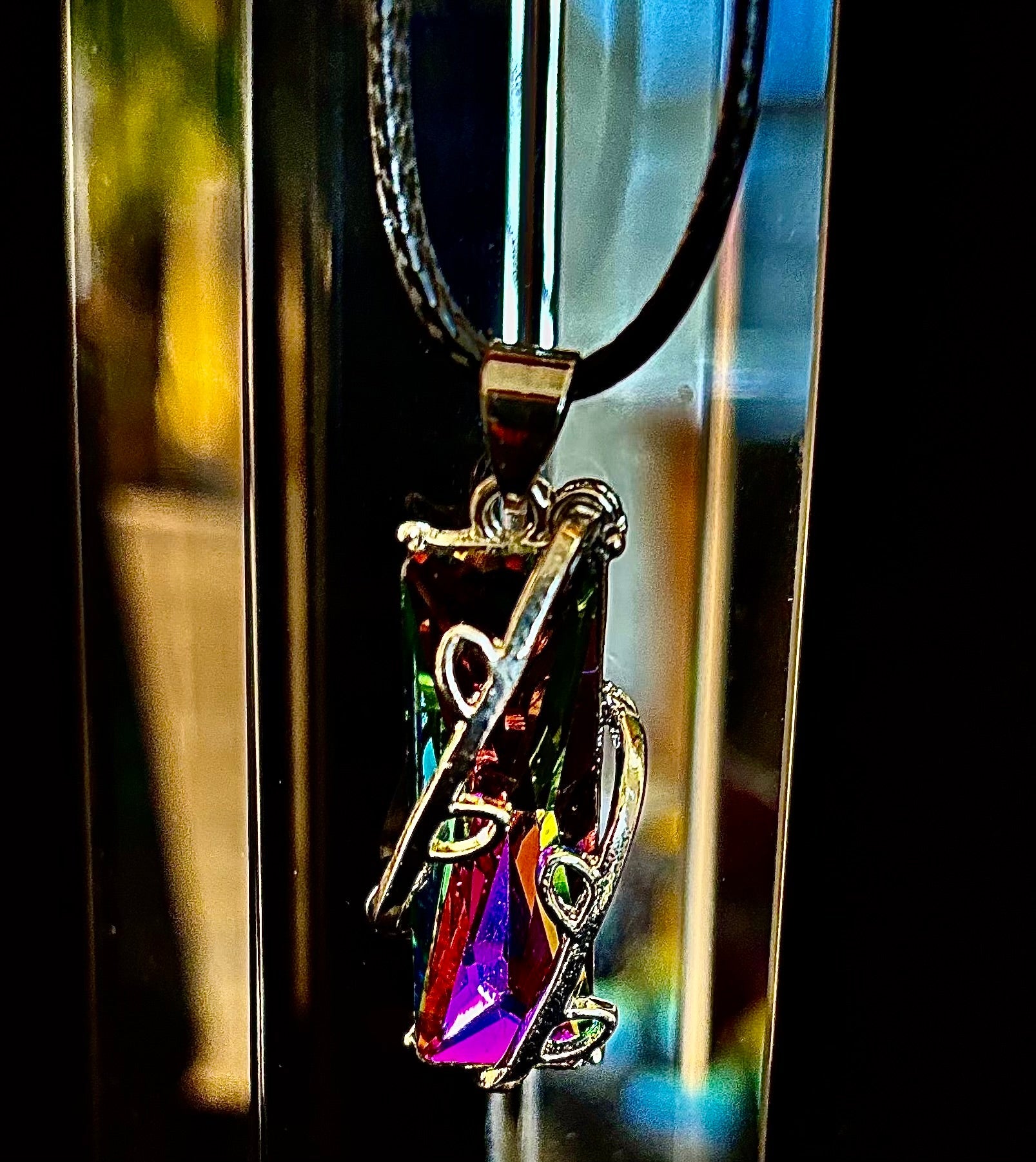 Prismatic Energy Pendant Necklace | Colorful Crystal Branch Design on Leather Cord | | Wiccan Center