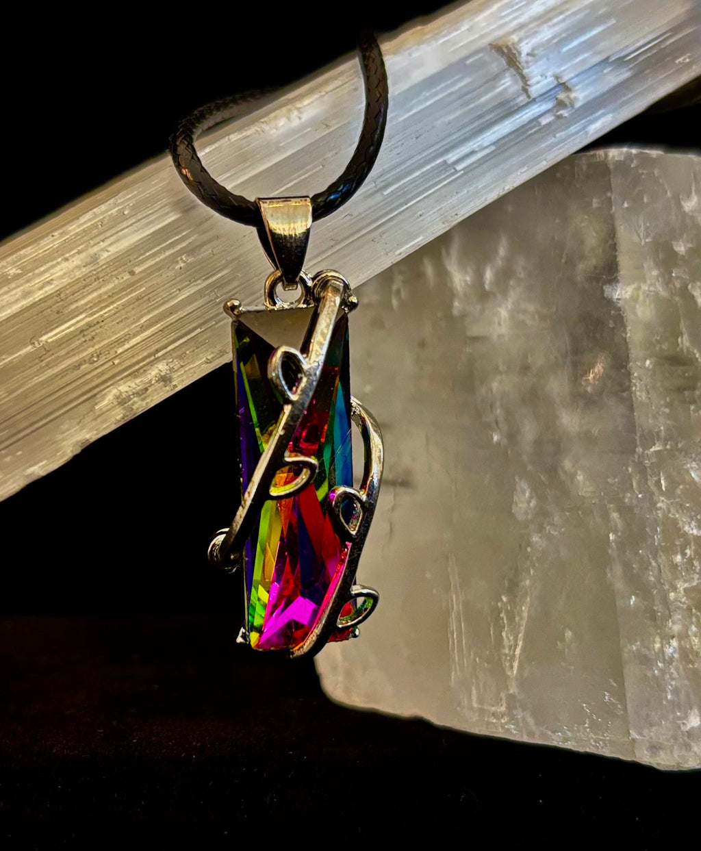 Prismatic Energy Pendant Necklace | Colorful Crystal Branch Design on Leather Cord | | Wiccan Center