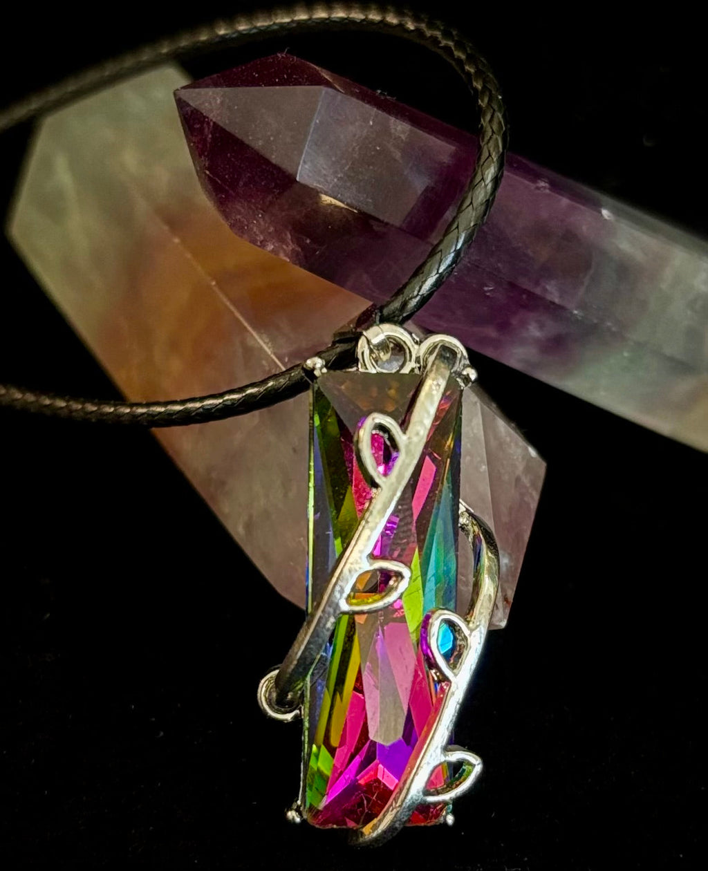 Prismatic Energy Pendant Necklace | Colorful Crystal Branch Design on Leather Cord | | Wiccan Center