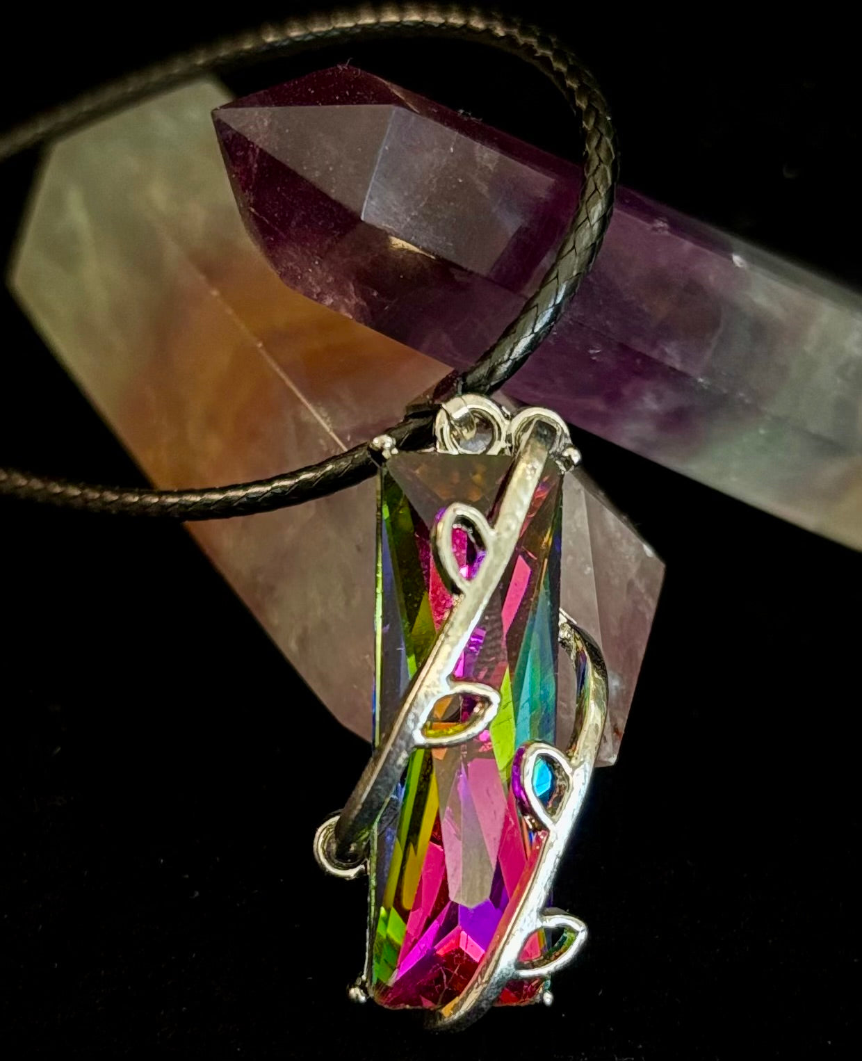 Prismatic Energy Pendant Necklace | Colorful Crystal Branch Design on Leather Cord | | Wiccan Center