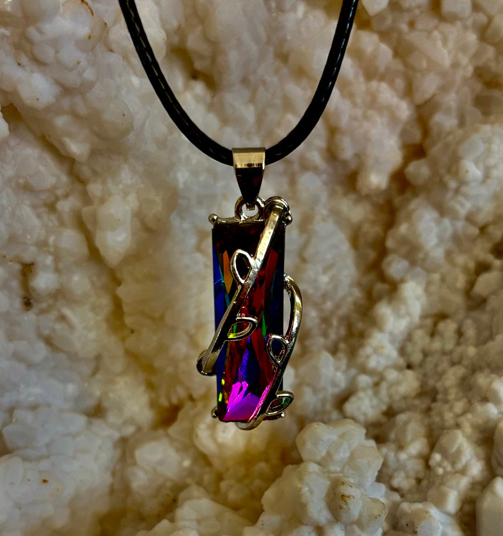 Prismatic Energy Pendant Necklace | Colorful Crystal Branch Design on Leather Cord | | Wiccan Center