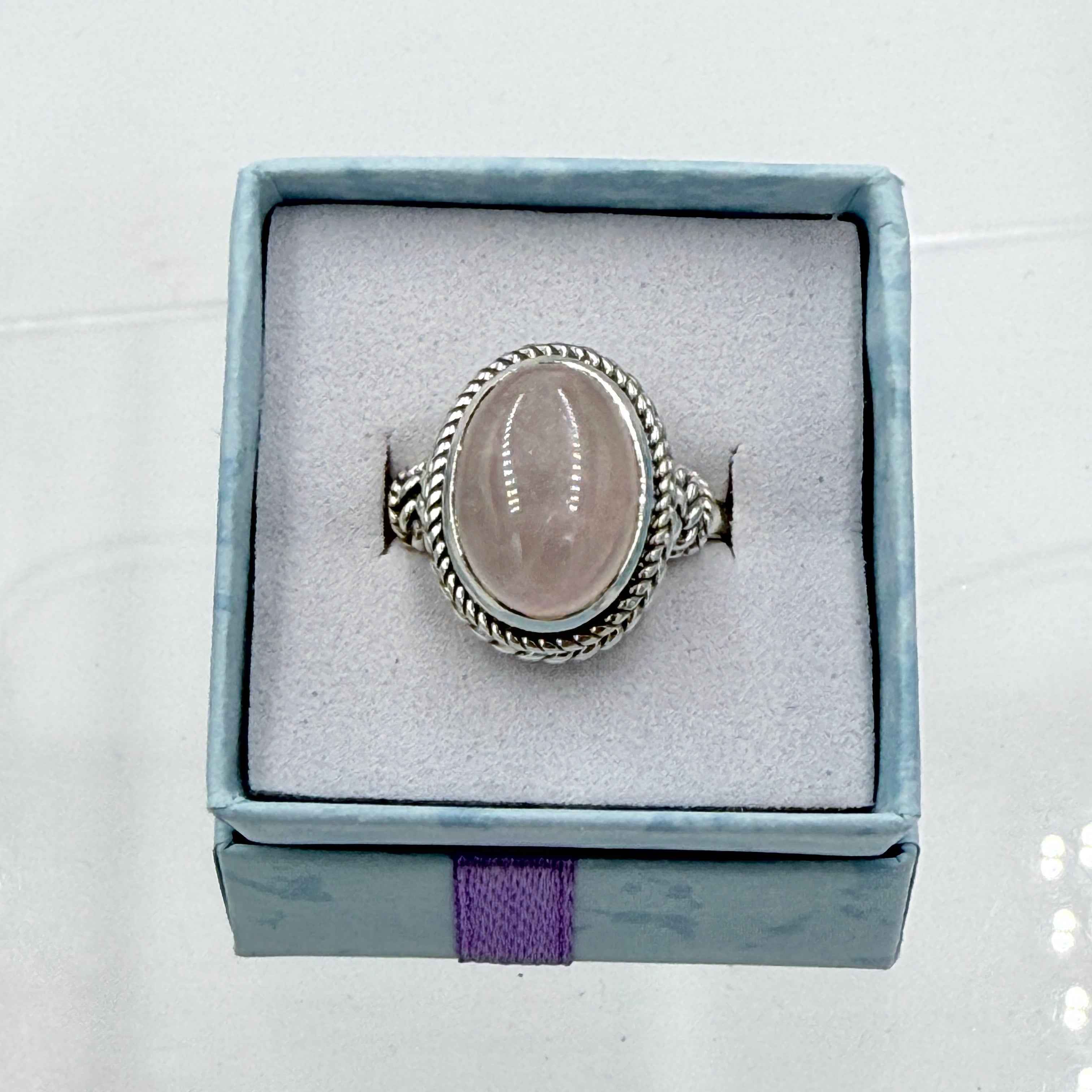 Sterling Silver Rope Banded Oval Rose Quartz - Size 10 - Loving, Soothing & Heart Opening | Rings | Wiccan Center