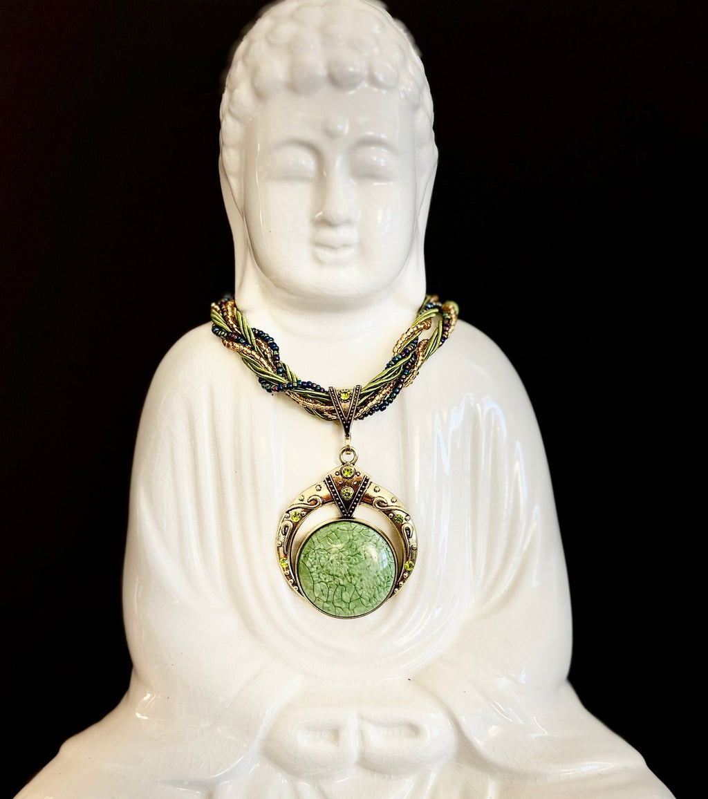 Bohemian Green Goddess Necklace | Vintage-Inspired Beaded Statement Pendant | | Wiccan Center