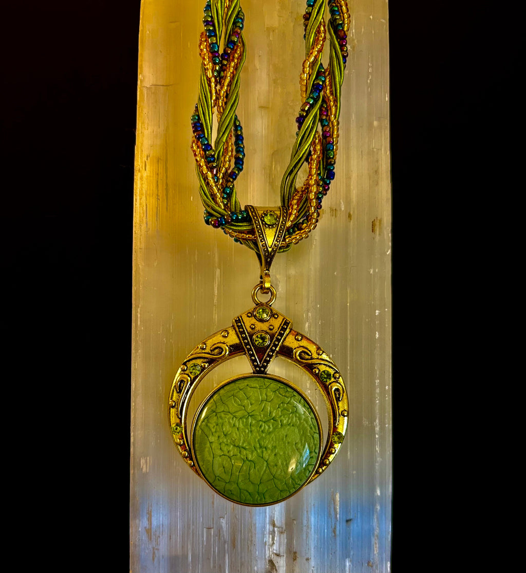 Bohemian Green Goddess Necklace | Vintage-Inspired Beaded Statement Pendant | | Wiccan Center