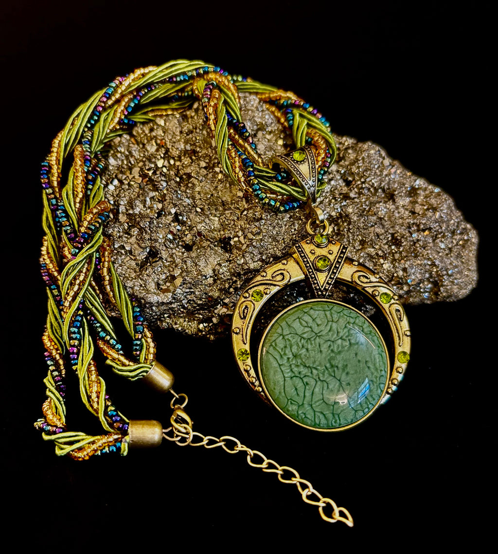 Bohemian Green Goddess Necklace | Vintage-Inspired Beaded Statement Pendant | | Wiccan Center