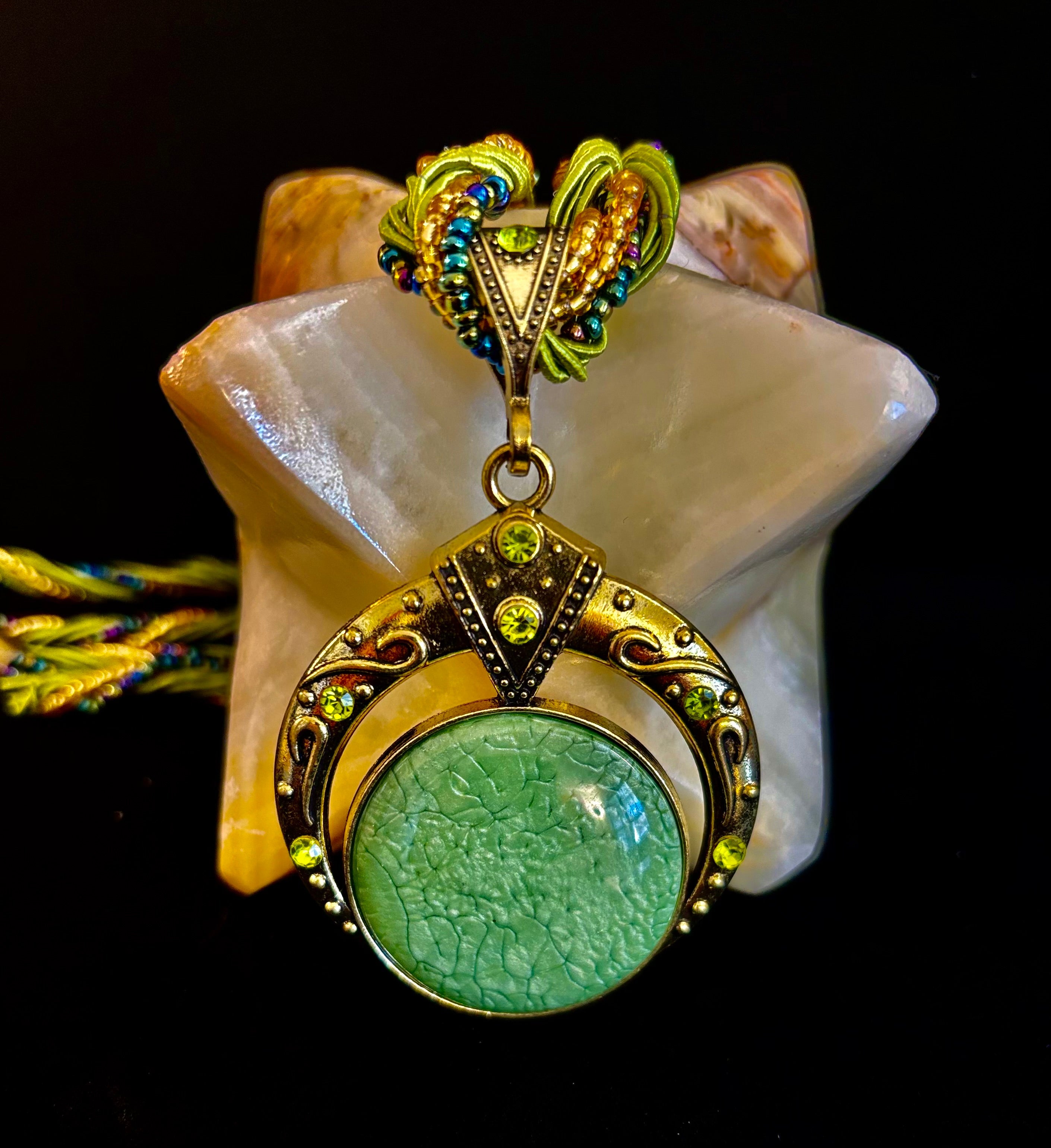 Bohemian Green Goddess Necklace | Vintage-Inspired Beaded Statement Pendant | | Wiccan Center