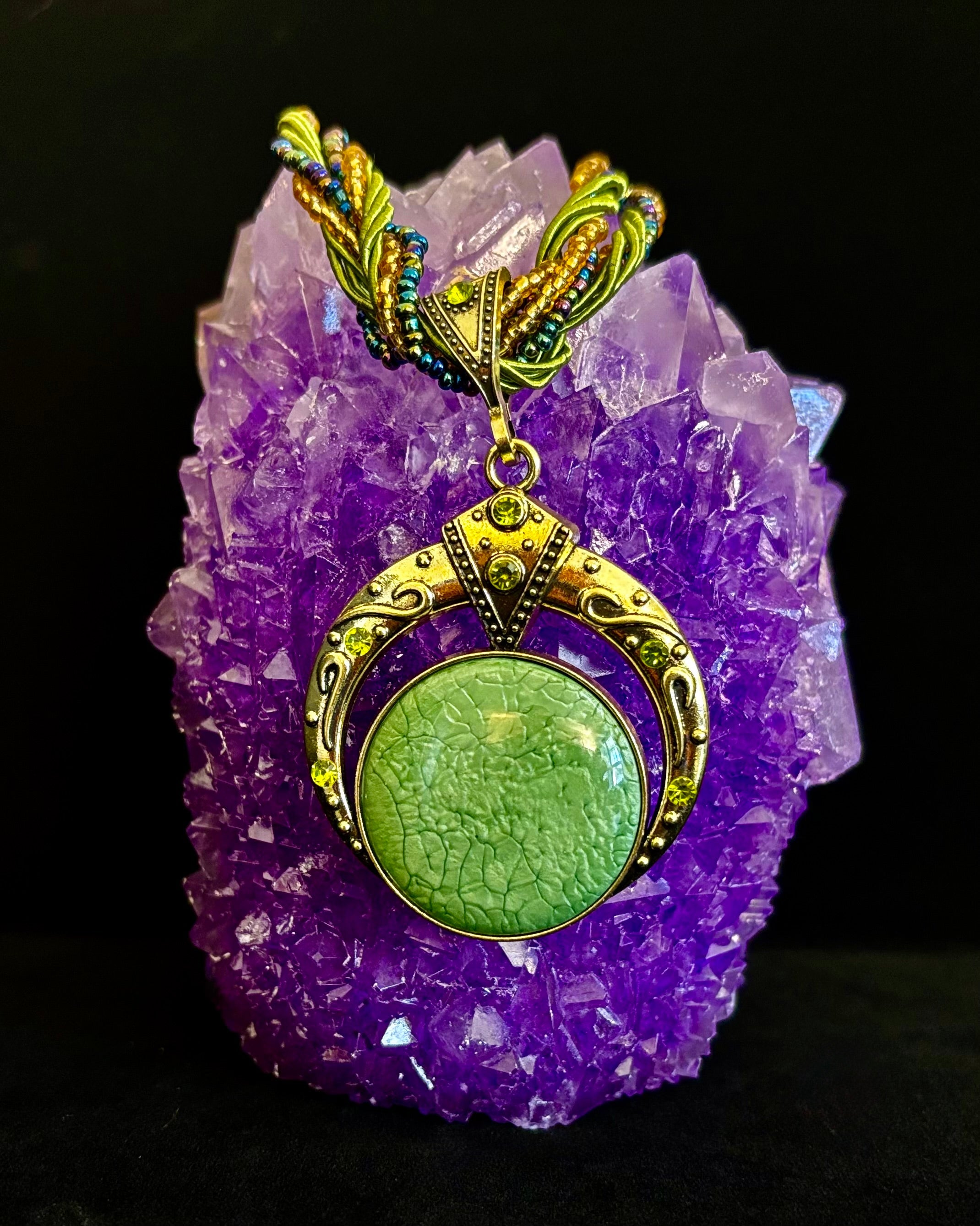 Bohemian Green Goddess Necklace | Vintage-Inspired Beaded Statement Pendant | | Wiccan Center