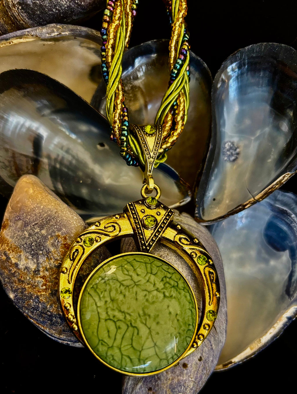 Bohemian Green Goddess Necklace | Vintage-Inspired Beaded Statement Pendant | | Wiccan Center