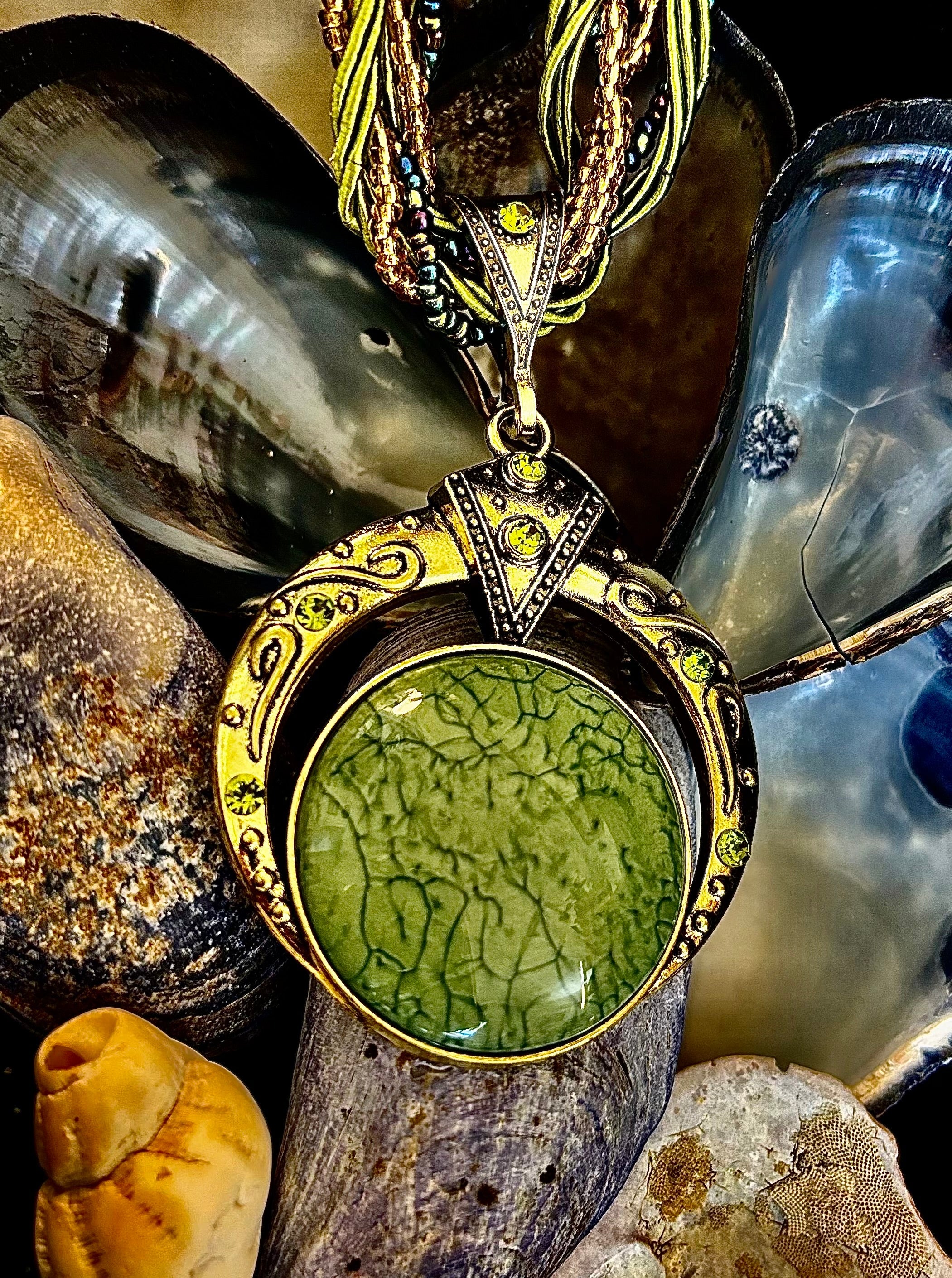 Bohemian Green Goddess Necklace | Vintage-Inspired Beaded Statement Pendant | | Wiccan Center
