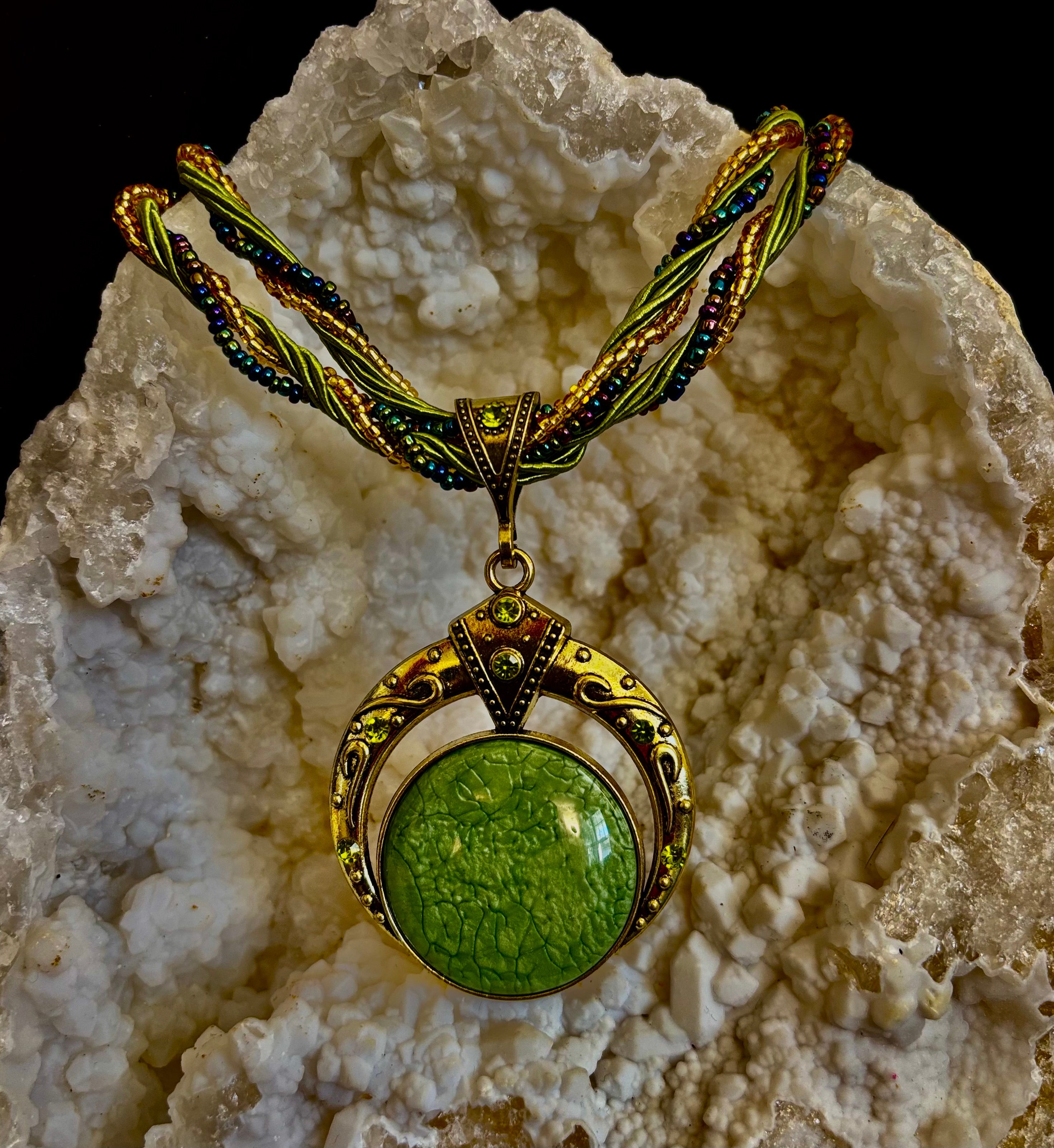 Bohemian Green Goddess Necklace | Vintage-Inspired Beaded Statement Pendant | | Wiccan Center