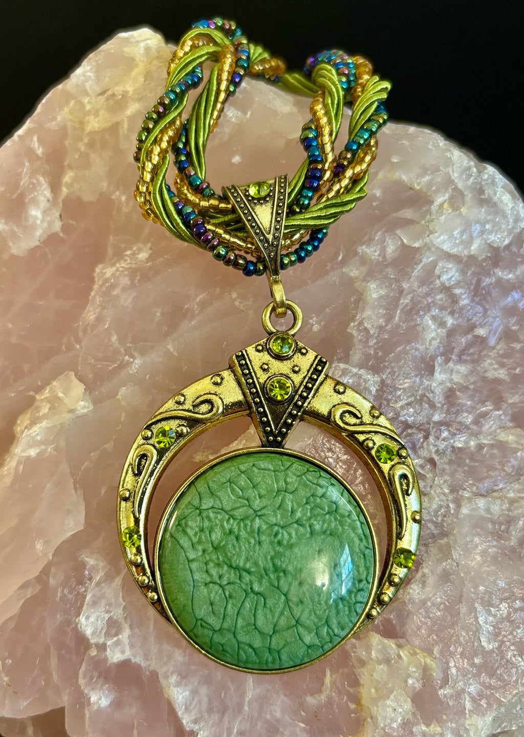 Bohemian Green Goddess Necklace | Vintage-Inspired Beaded Statement Pendant | | Wiccan Center