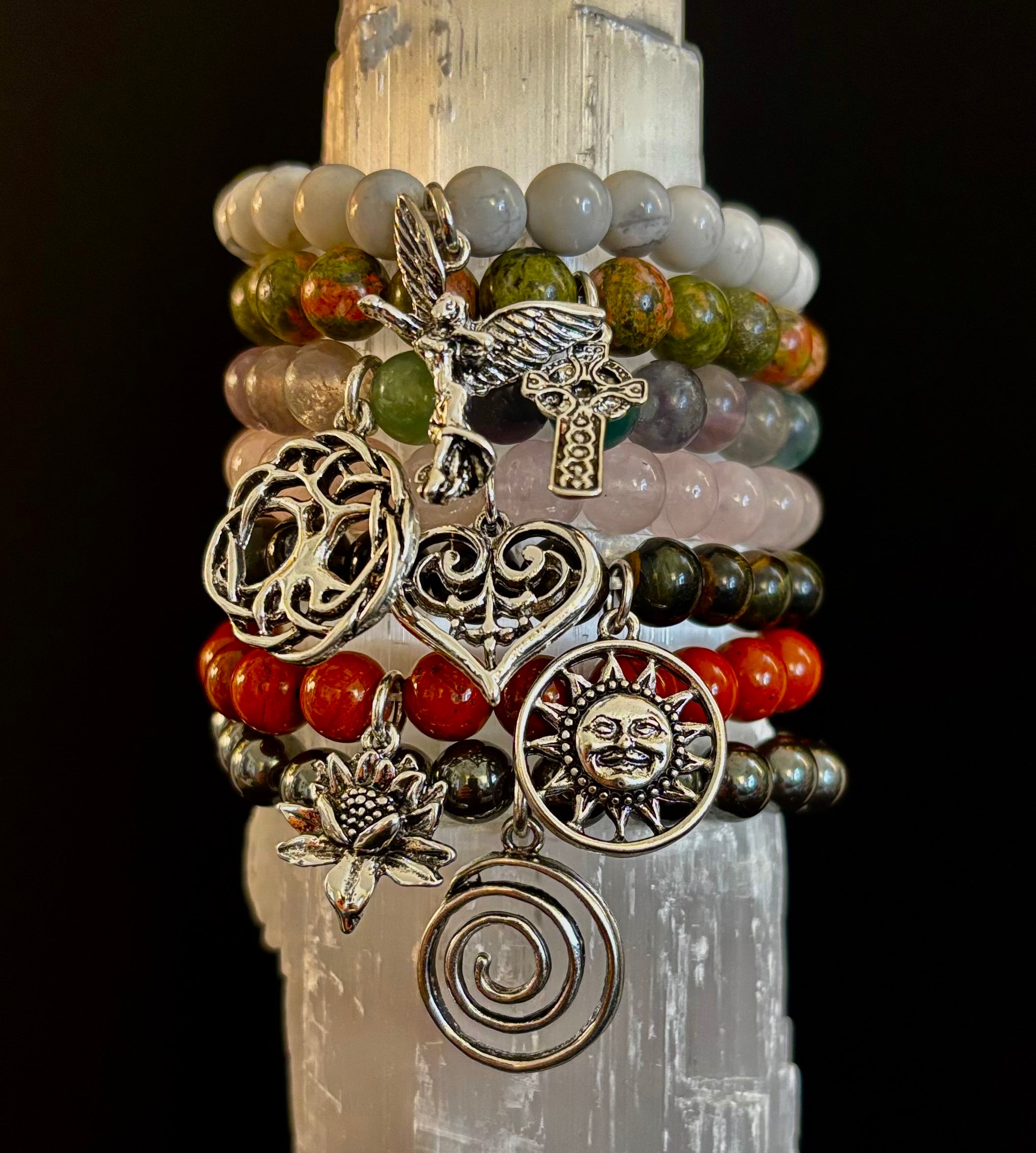 7 Wonders Natural Stone Charm Bracelet Collection | 8mm Healing Gemstone Beads with Silver Charms (Small–Medium Wrists) | | Wiccan Center